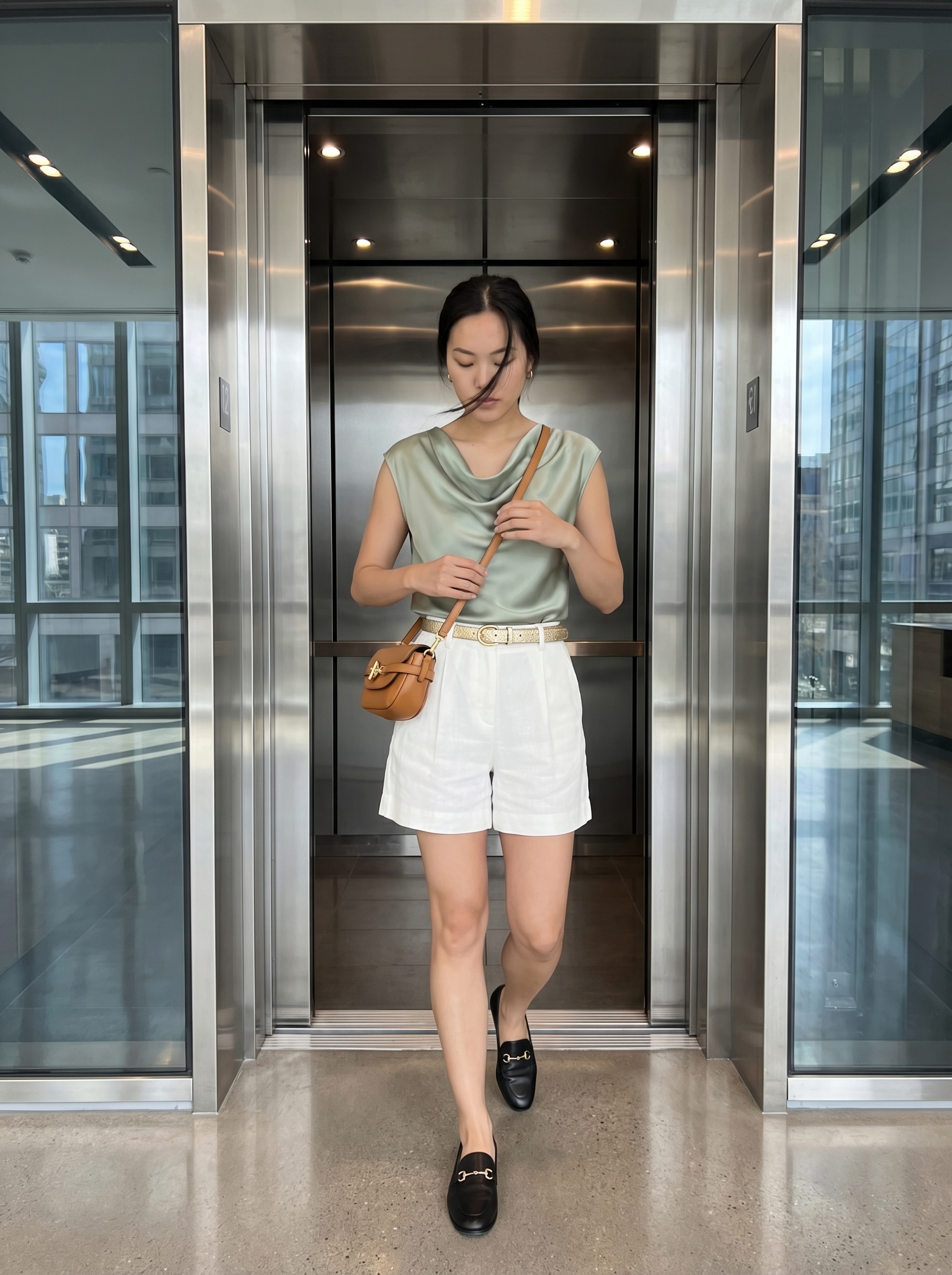 Sophisticated summer office outfit for women 2026 with an olive green silk blouse, cream tailored Bermuda shorts, black loafers, and a gold belt for a comfortable business casual look.