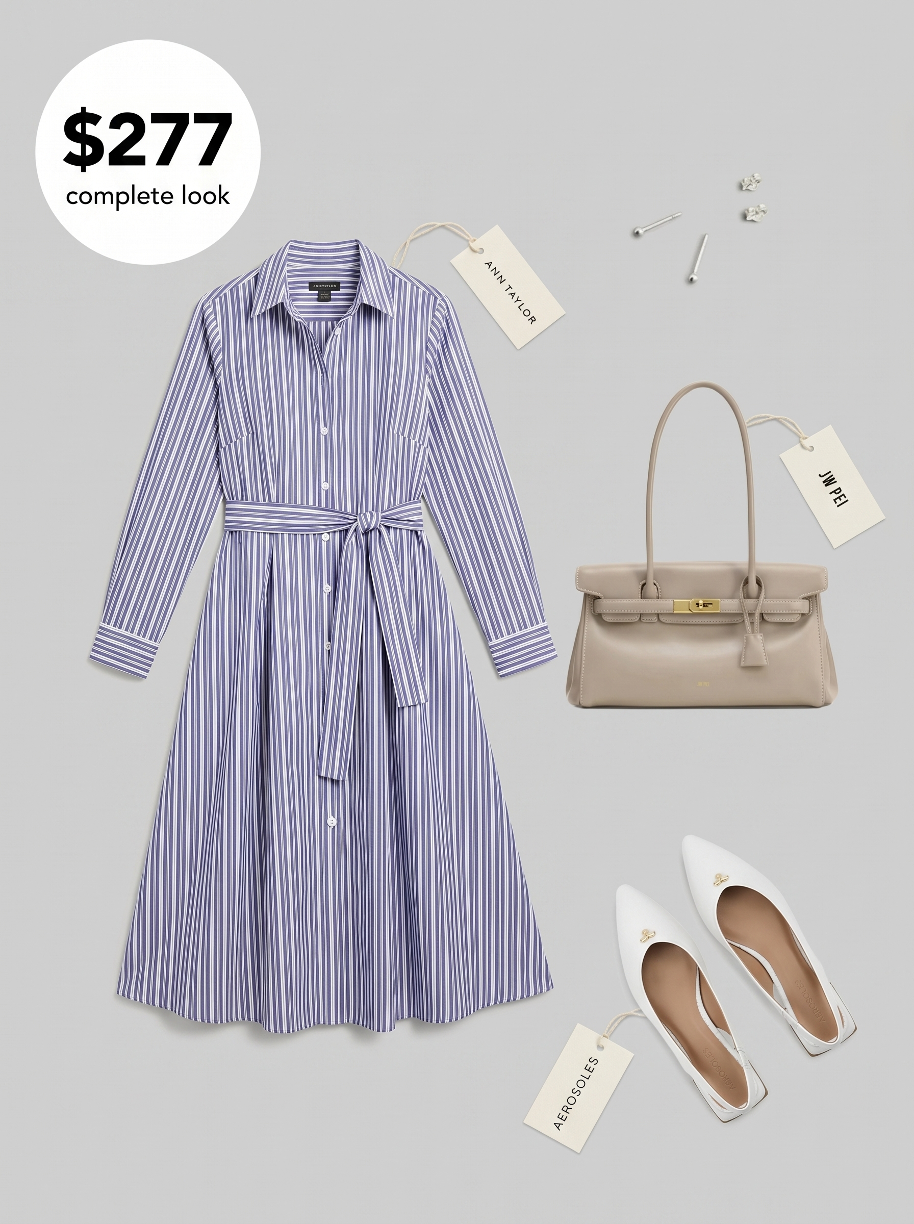 Sophisticated summer office outfit for women 2026 with a light blue cotton poplin midi shirt dress, white leather slingback flats, and a structured grey shoulder bag, perfect for client lunches.