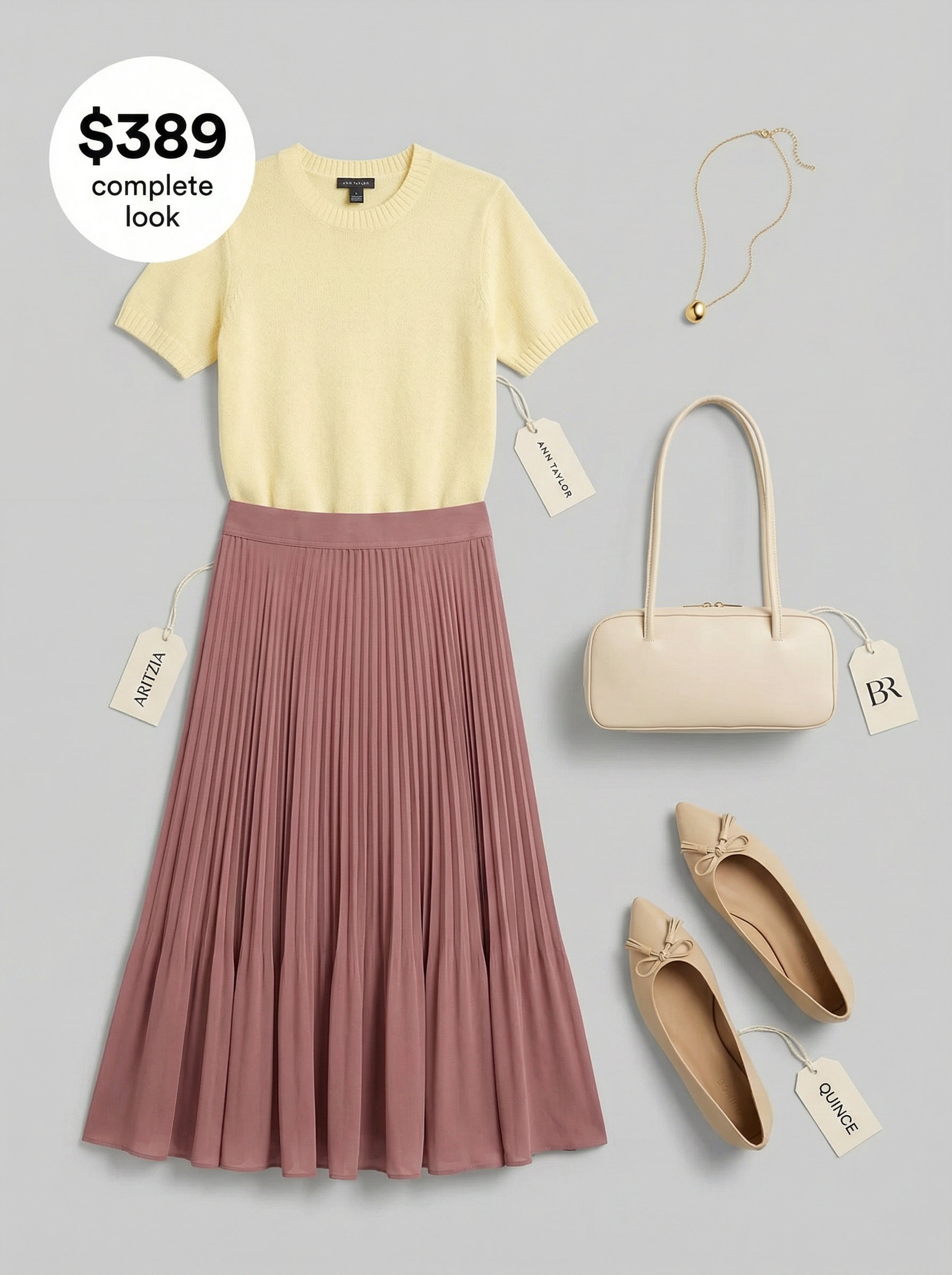 Elegant summer office outfit for women 2026 featuring a blush pink pleated midi skirt, cream knit top, nude ballet flats, and delicate gold necklace, perfect for a graceful professional look.