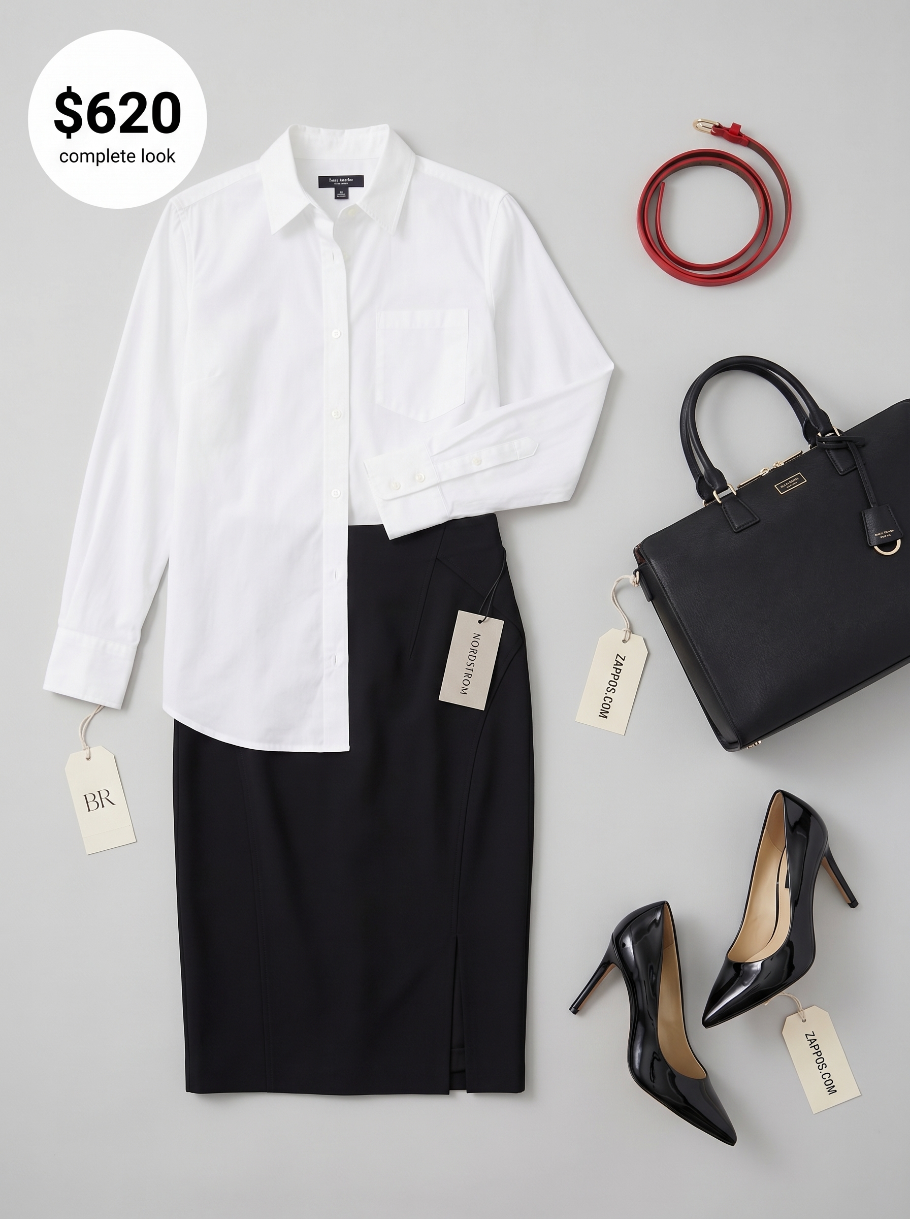 Classic and polished summer office outfit for women 2026 with a crisp white button-down, black pencil skirt, red belt, and black pointed-toe stilettos, ideal for a formal office setting.