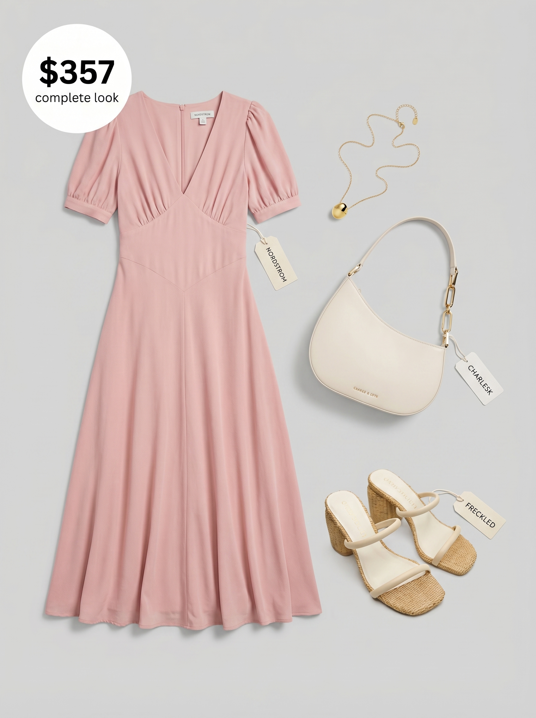 Chic summer office outfit for women 2026 featuring a dusty rose A-line midi dress, cream block heel mules, and a gold pendant necklace, perfect for a casual Friday or office happy hour.