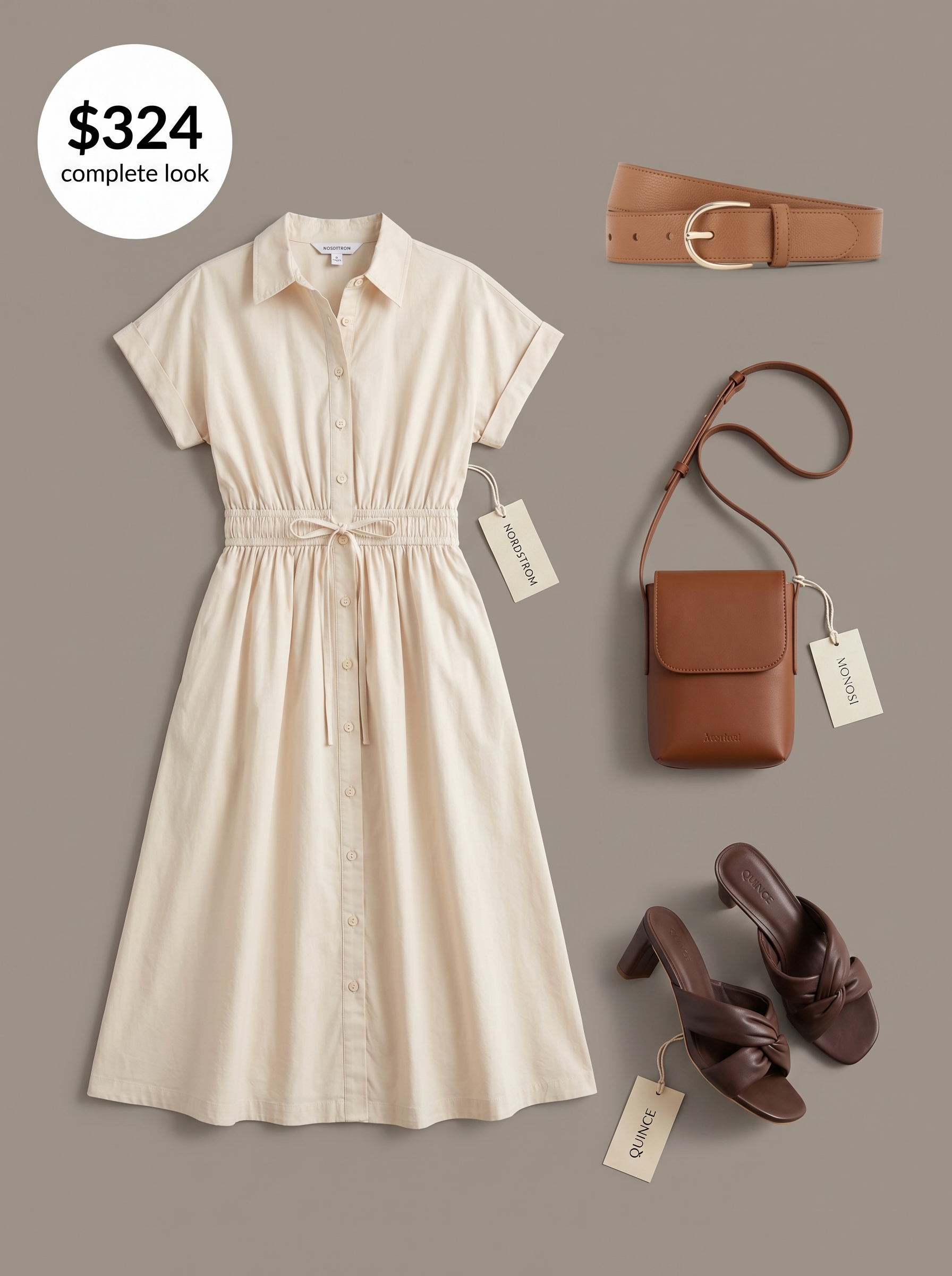 Practical and polished summer office outfit for women 2026 featuring a khaki midi shirt dress with a tie waist, brown leather mules, and a structured crossbody bag for effortless business travel.