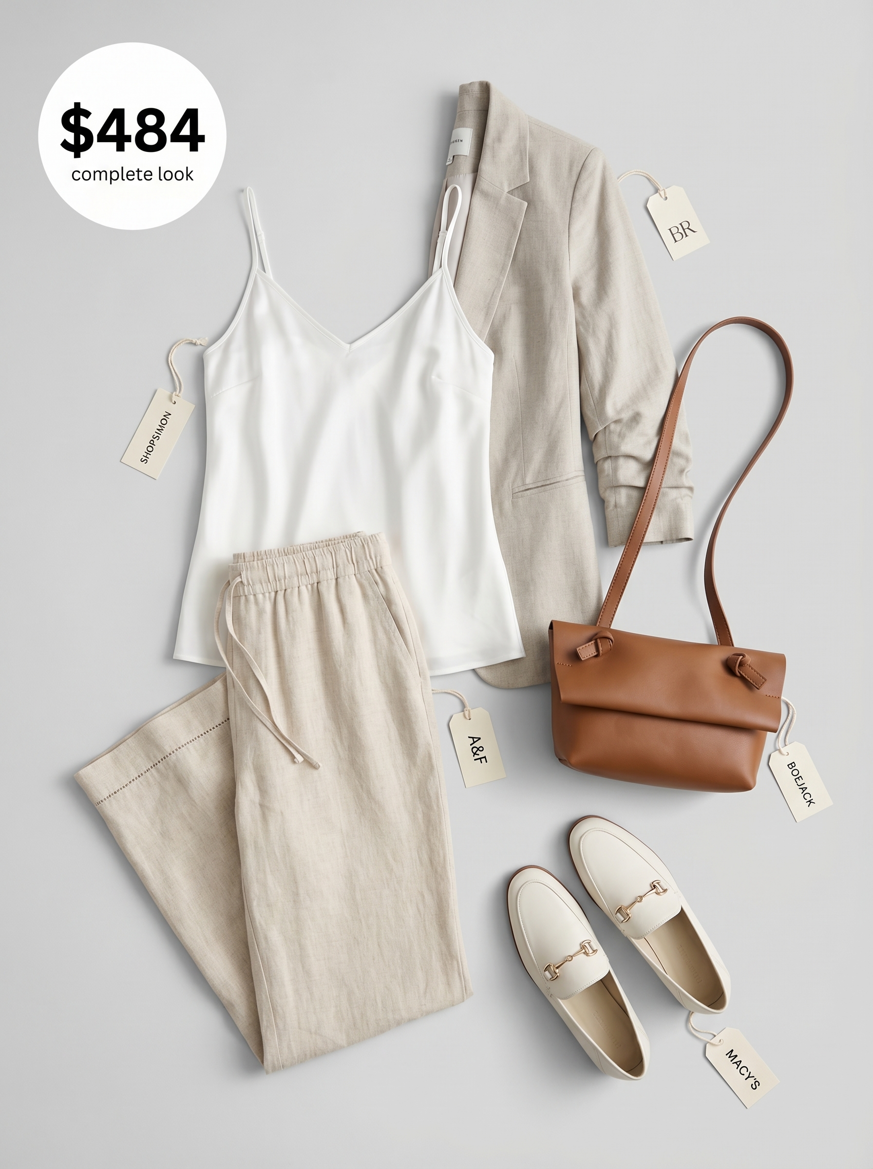 Relaxed summer office outfit for women 2026 featuring light tan linen straight-leg trousers, a white silk camisole, a light tan open blazer, and white flat loafers, perfect for warm weather.