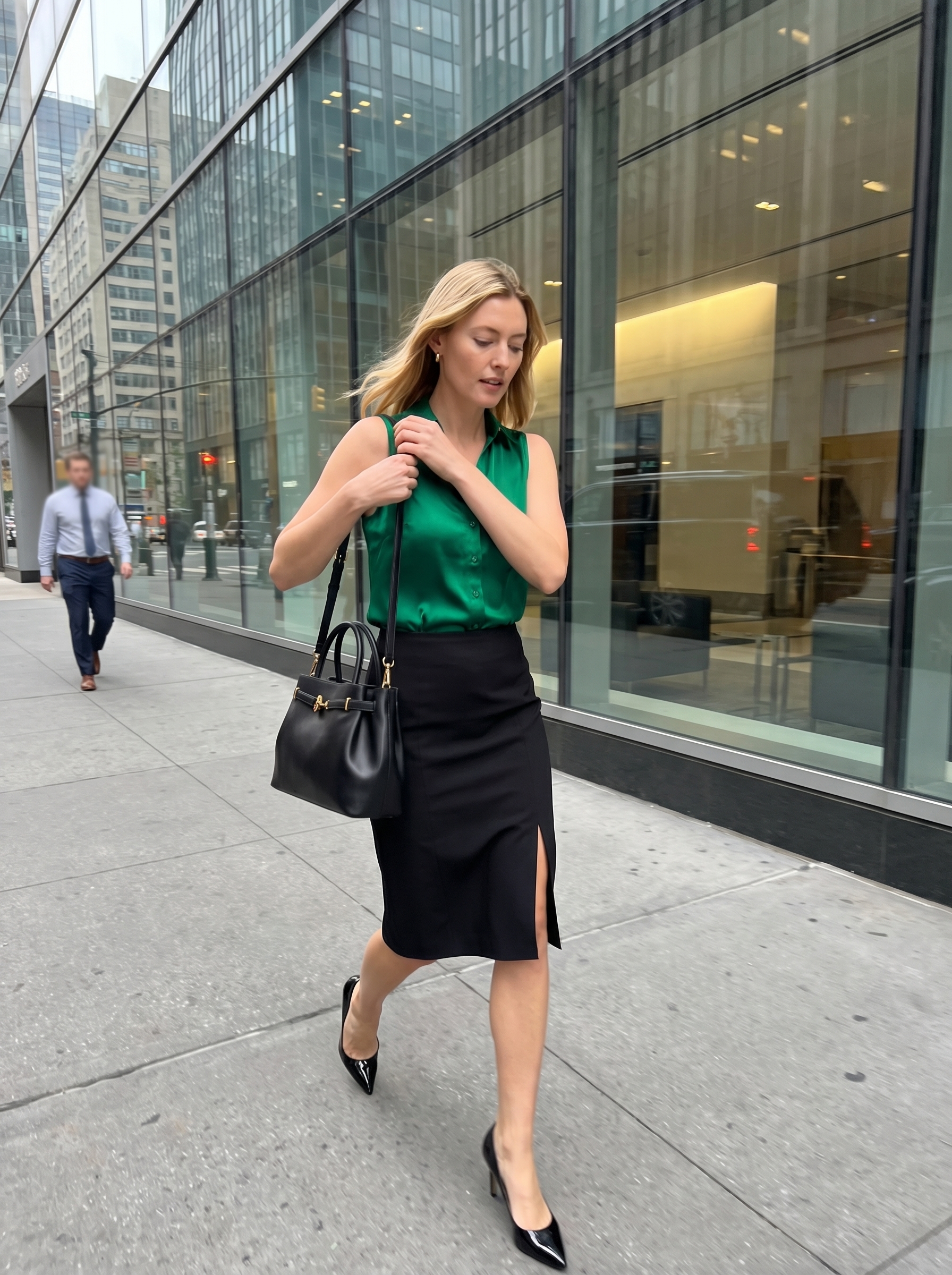 Polished and professional summer office outfit for women 2026 with an emerald green sleeveless silk blouse, black pencil skirt, and black patent leather pumps, suitable for an interview.