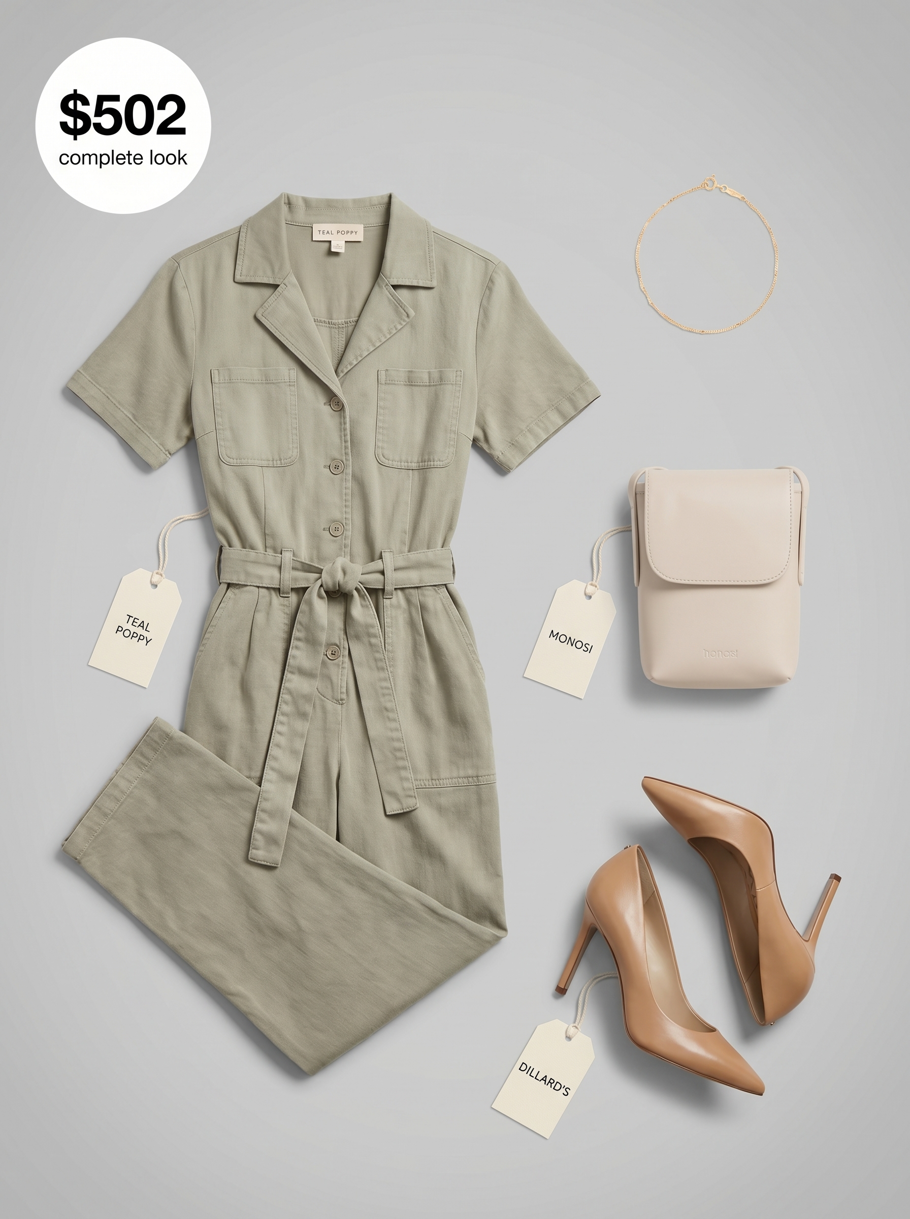 Effortlessly chic summer office outfit for women 2026 featuring a sage green utility jumpsuit, nude pointed-toe pumps, and delicate gold accessories, perfect for a relaxed professional look.