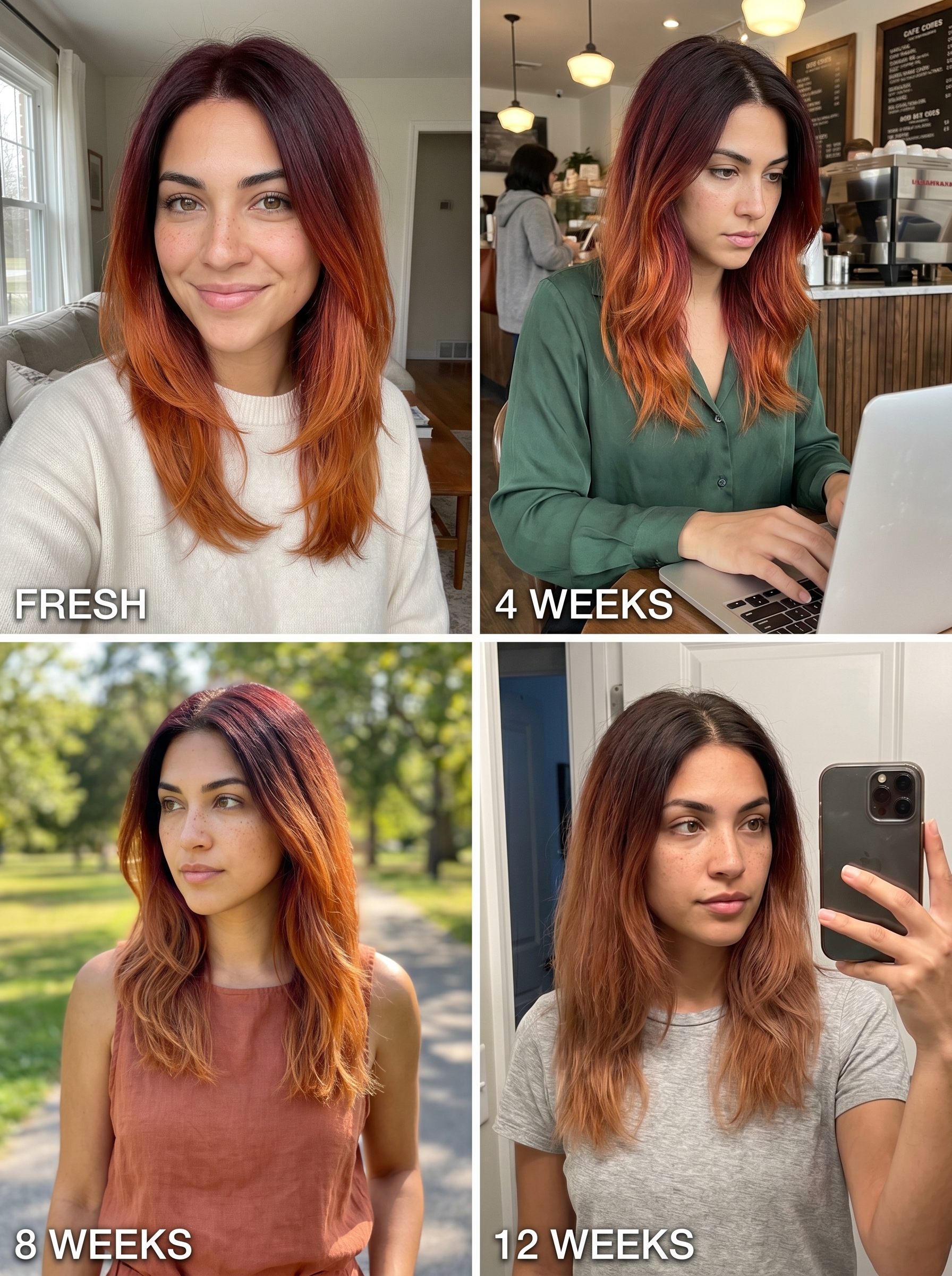 Dramatic Desert Sunset Ombré hair featuring deep burgundy roots fading into fiery copper ends, showcasing a vibrant summer red hair color for 2026. Perfect for festivals.