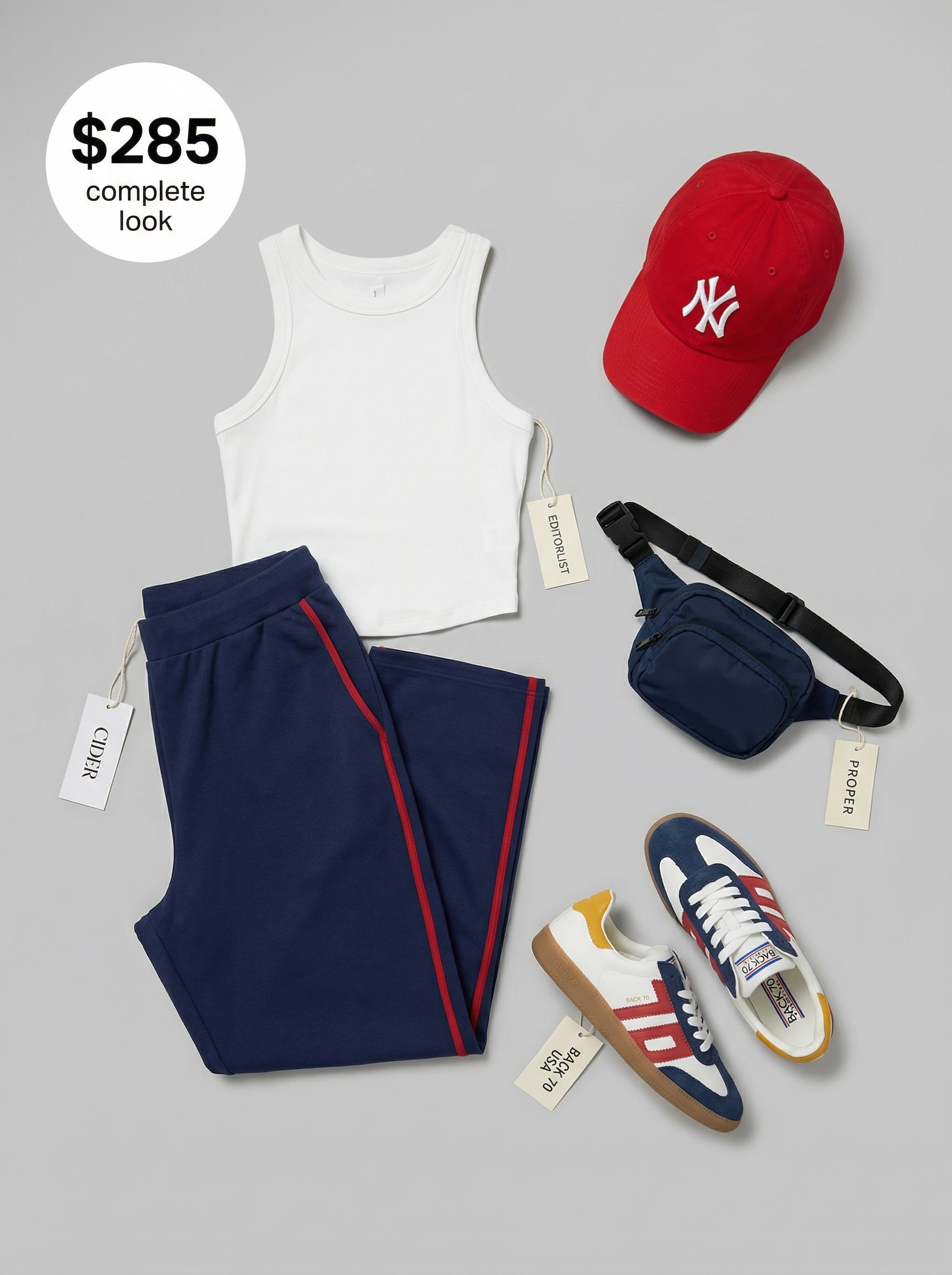 Athleisure Summer Streetwear Look 2024 Sporty navy track pants, white crop tank, red baseball cap, and retro running sneakers for a dynamic summer streetwear athleisure look.