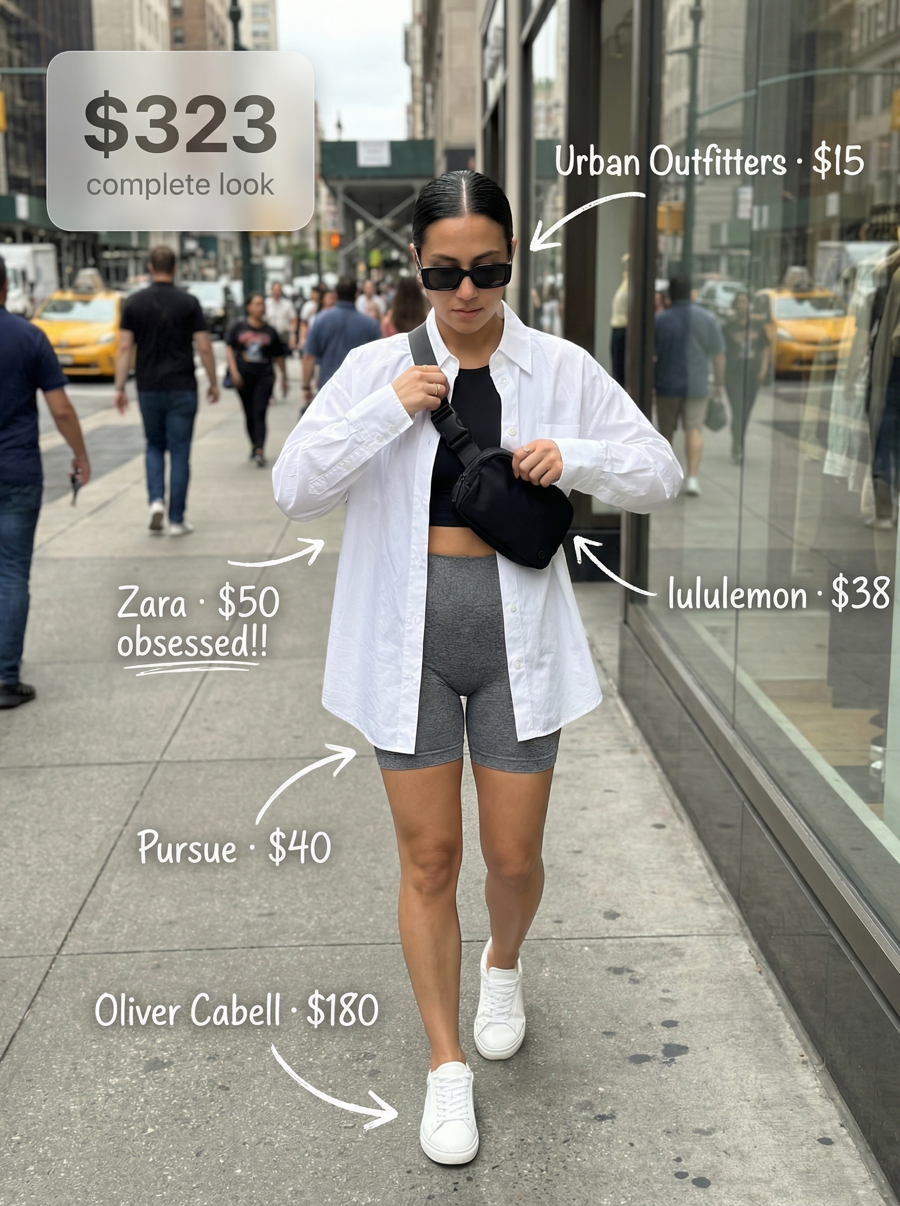 Sporty Chic Contrast: Summer Streetwear 2024 Sporty summer streetwear with an oversized white button-down shirt, heather grey biker shorts, classic white sneakers, and a belt bag, perfect for errands or brunch.