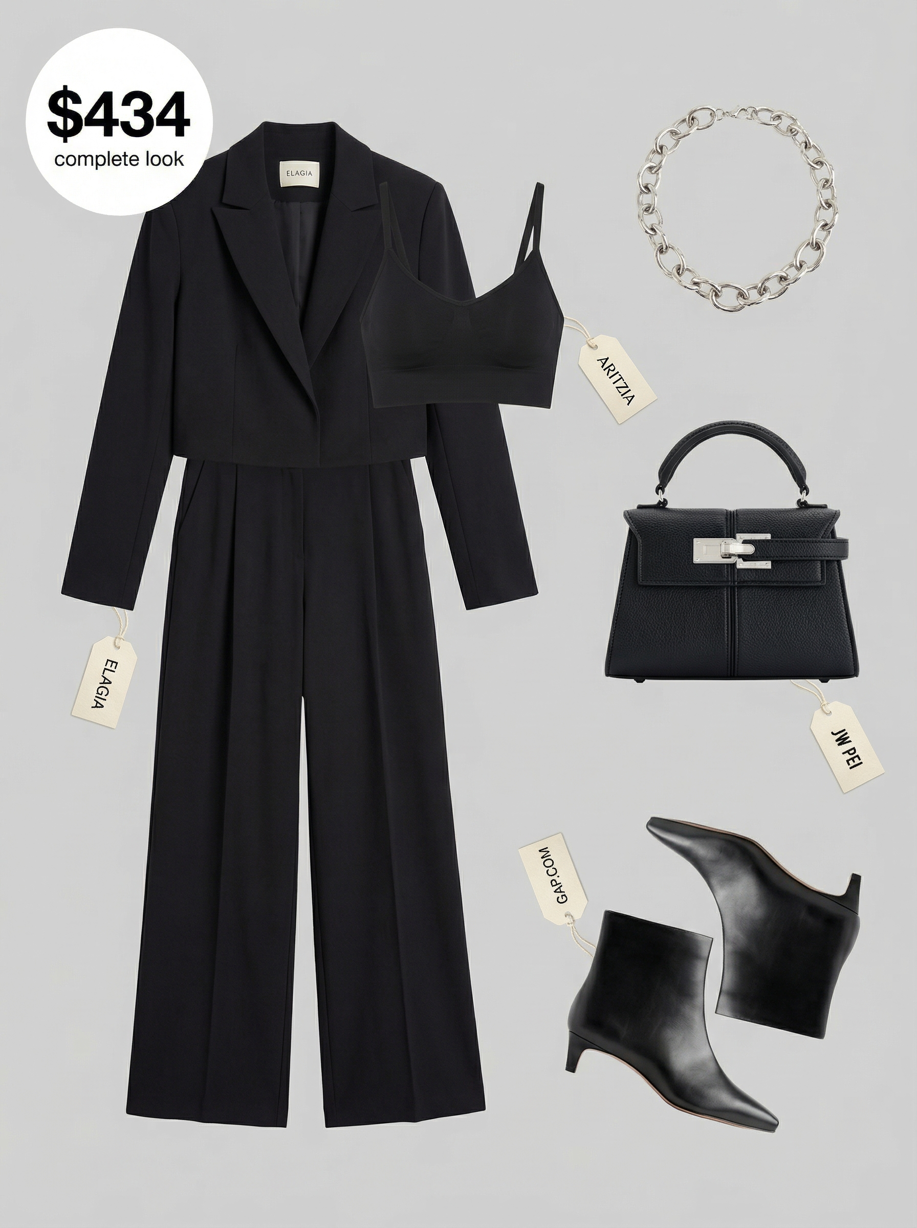 Monochrome Modish: Summer Streetwear 2024 Evening Sleek summer streetwear featuring a black cropped blazer and wide-leg trousers matching set, a seamless bralette, and point-toe ankle boots, for an evening event.