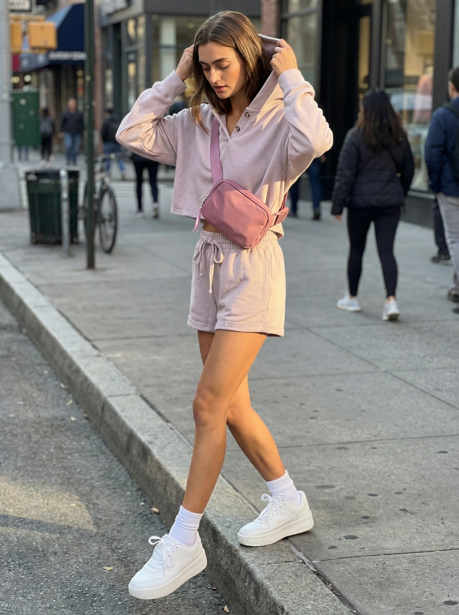 Co-ord Comfort Summer Streetwear Set 2024 Dusty rose cropped hoodie and high-waisted shorts matching set with chunky platform sneakers for a cozy summer streetwear co-ord.