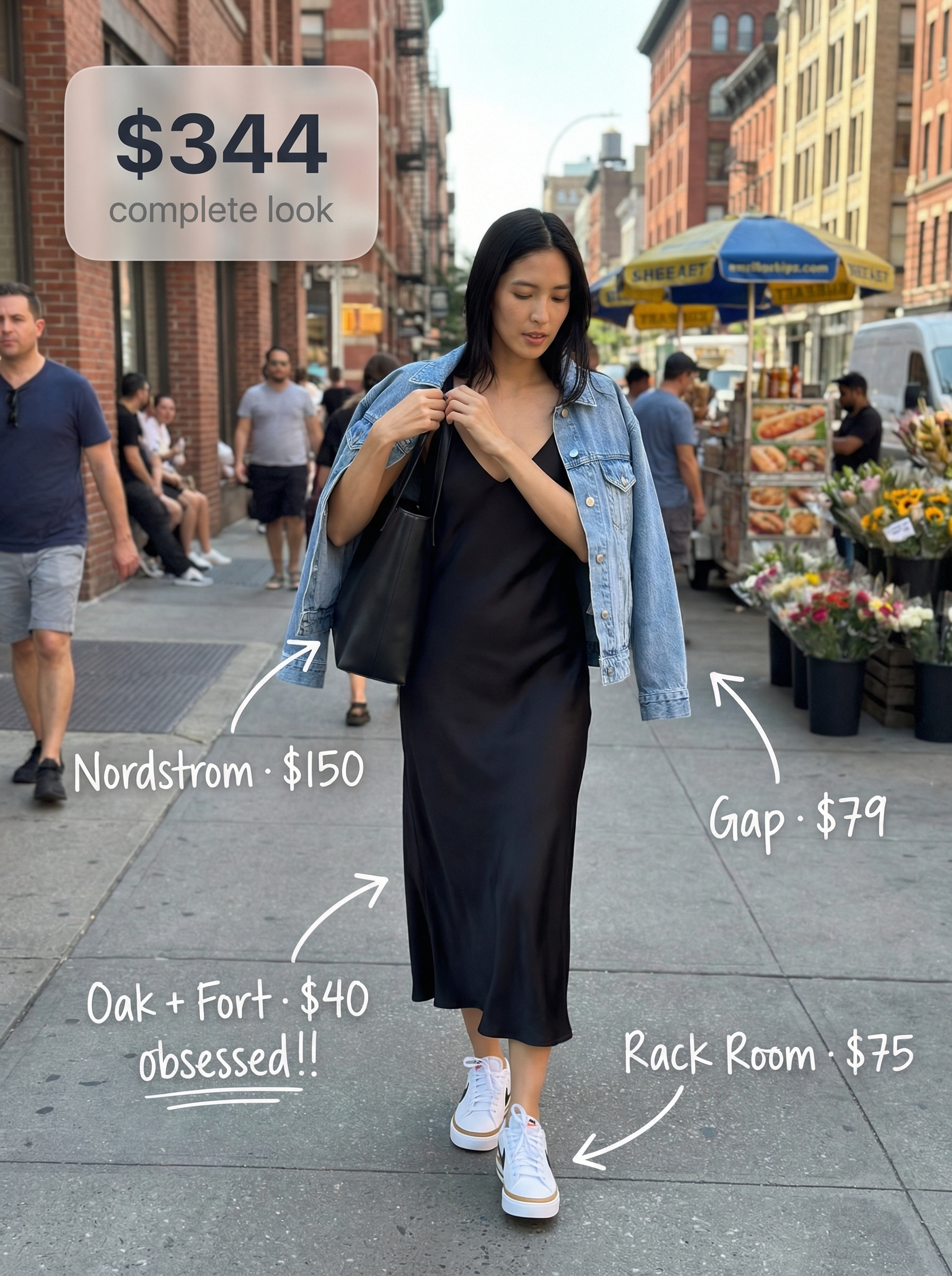 Cool Girl Commute: Minimalist Summer Streetwear 2024 Effortless black satin midi slip dress layered with an oversized light wash denim jacket, white low-top sneakers, and a black structured tote bag for cool girl summer streetwear.