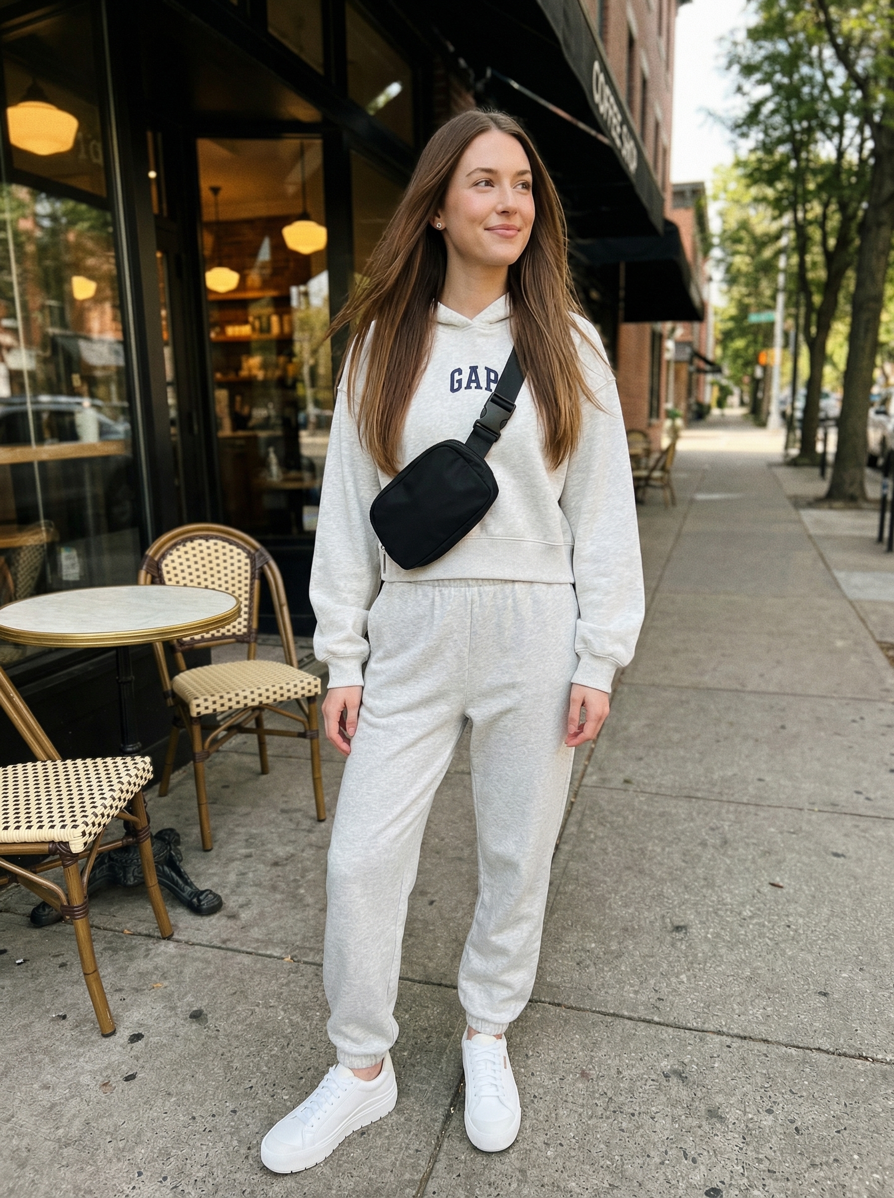 Cozy Cropped Summer Streetwear Look 2024 Soft grey oversized cropped hoodie, matching joggers, white low-top sneakers, and belt bag for ultimate comfy summer streetwear.