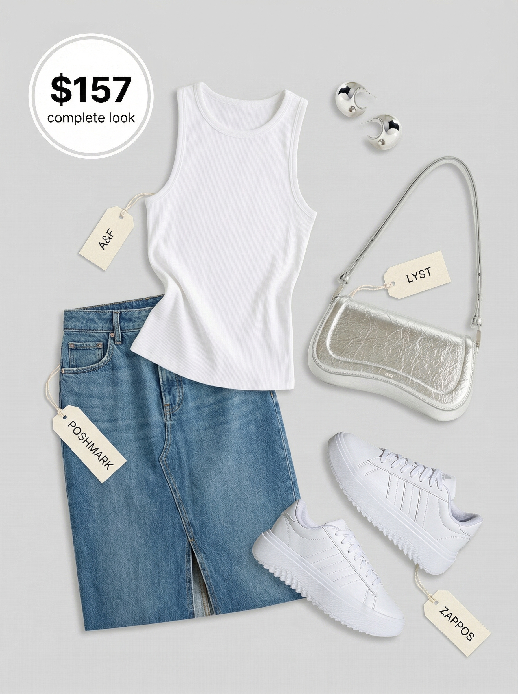 Denim Dream: Summer Streetwear 2024 Outfit Chic summer streetwear outfit featuring a light wash denim maxi skirt with a front slit, paired with a white ribbed tank top and white platform sneakers, perfect for a casual weekend brunch.