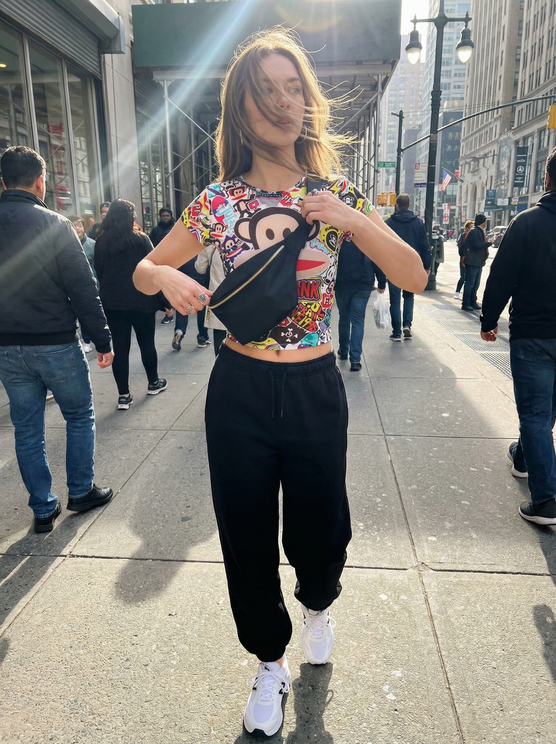 Pattern Play: Summer Streetwear 2024 City Look Playful summer streetwear featuring a multi-color graphic crop top, black athletic joggers, chunky white sneakers, and a black fanny pack, perfect for a park hangout.