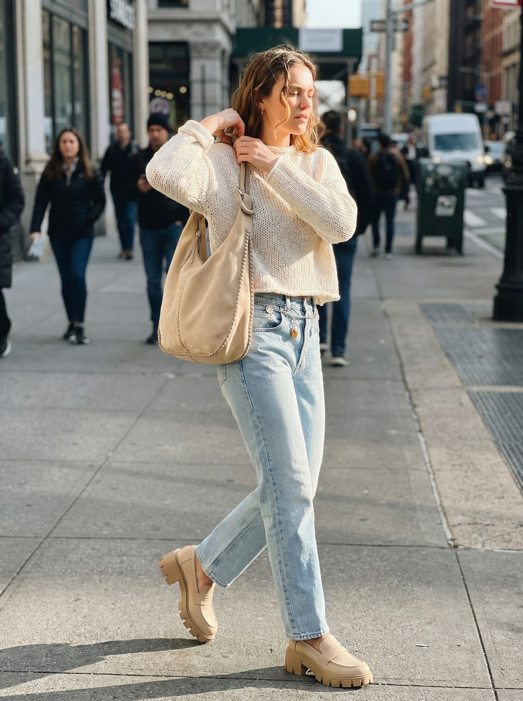 Effortless Summer Streetwear 2024: Denim & Knit Relaxed summer streetwear ensemble with light blue loose-fit jeans, an oatmeal chunky knit sweater, and tan platform loafers, styled for a cozy casual weekend.