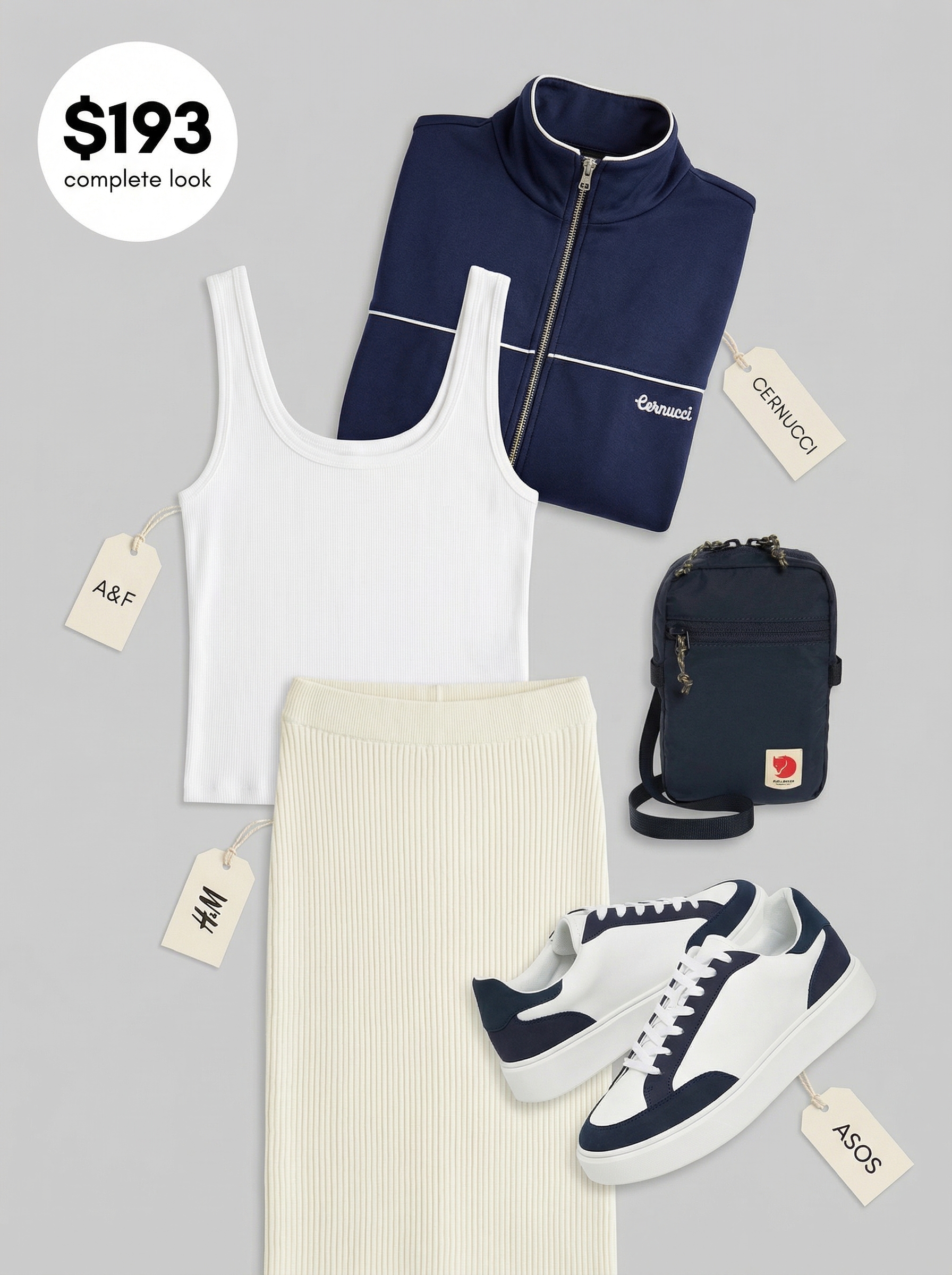 Sporty Chic Layers: Summer Streetwear 2024 Sleek summer streetwear featuring a navy blue zip-up track jacket, a cream ribbed knit midi skirt, white sneakers, and a fitted tank for an athleisure event.