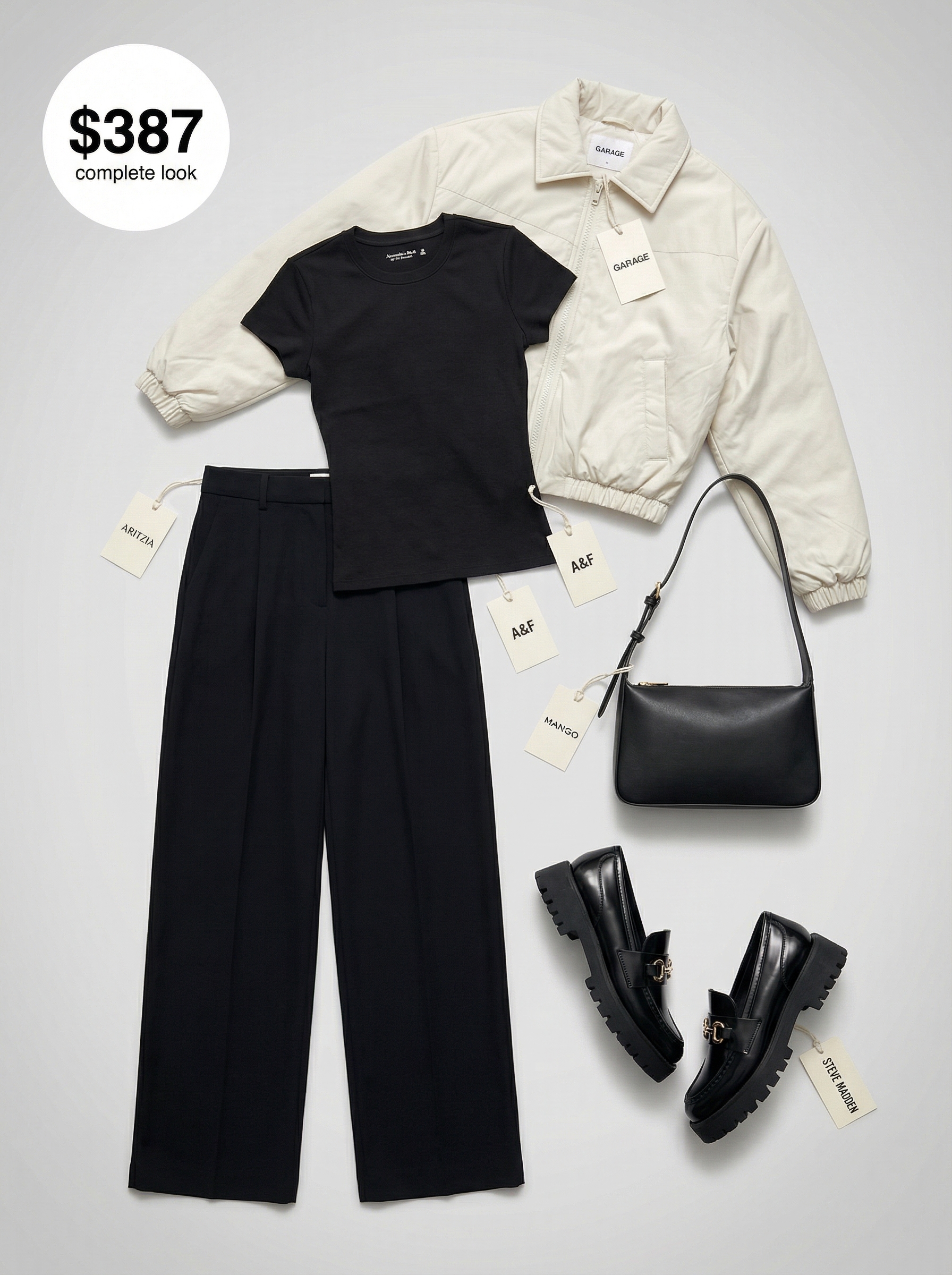 Monochrome Summer Streetwear Edge 2024 Monochrome black wide-leg trousers, fitted t-shirt, off-white bomber jacket, and platform loafers for sophisticated summer streetwear.