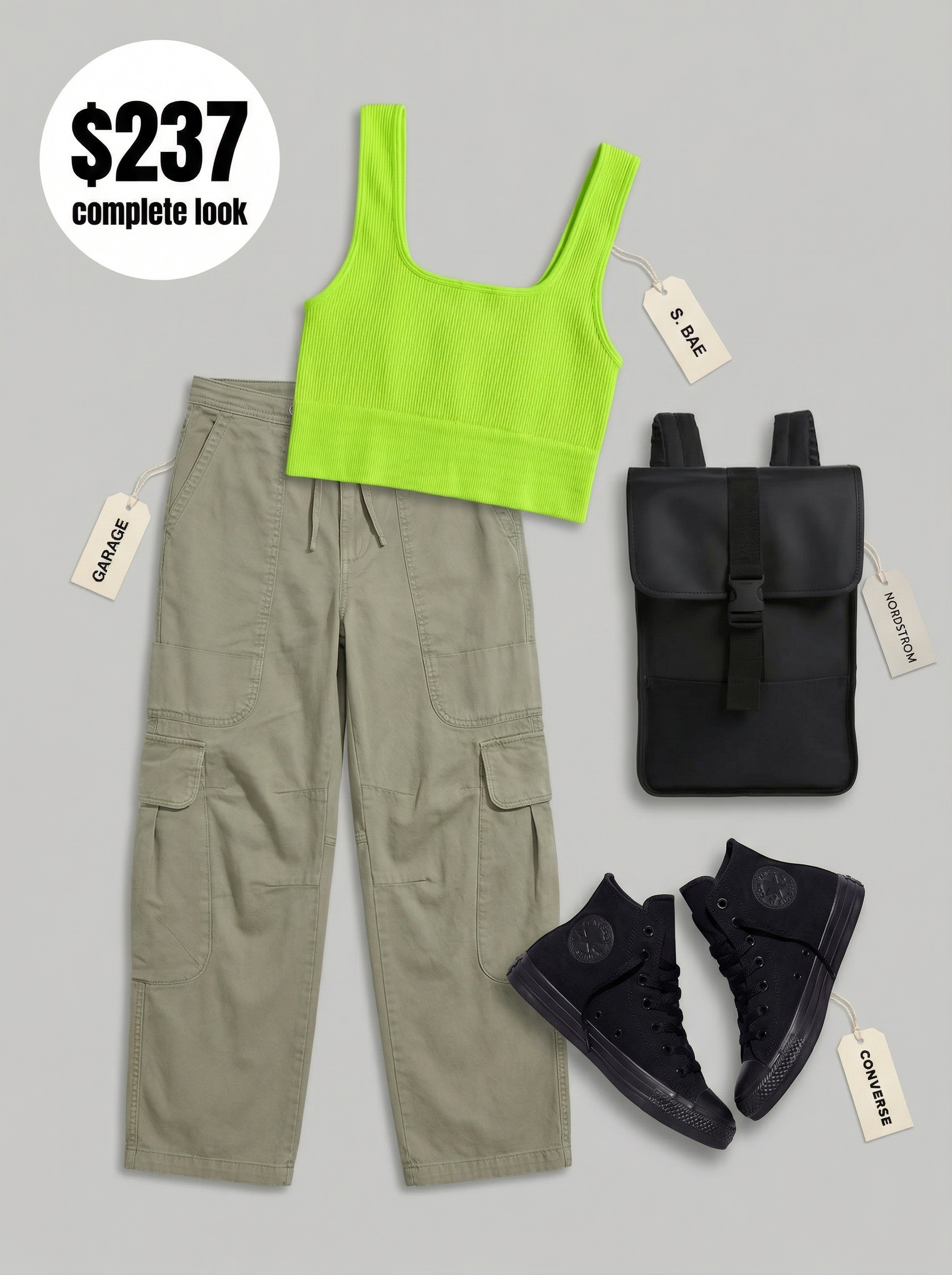 Neon Urban Explorer: Summer Streetwear 2024 Bold summer streetwear with a neon green ribbed knit crop top, khaki wide-leg cargo pants, black high-top sneakers, and a mini backpack, ideal for a music festival.