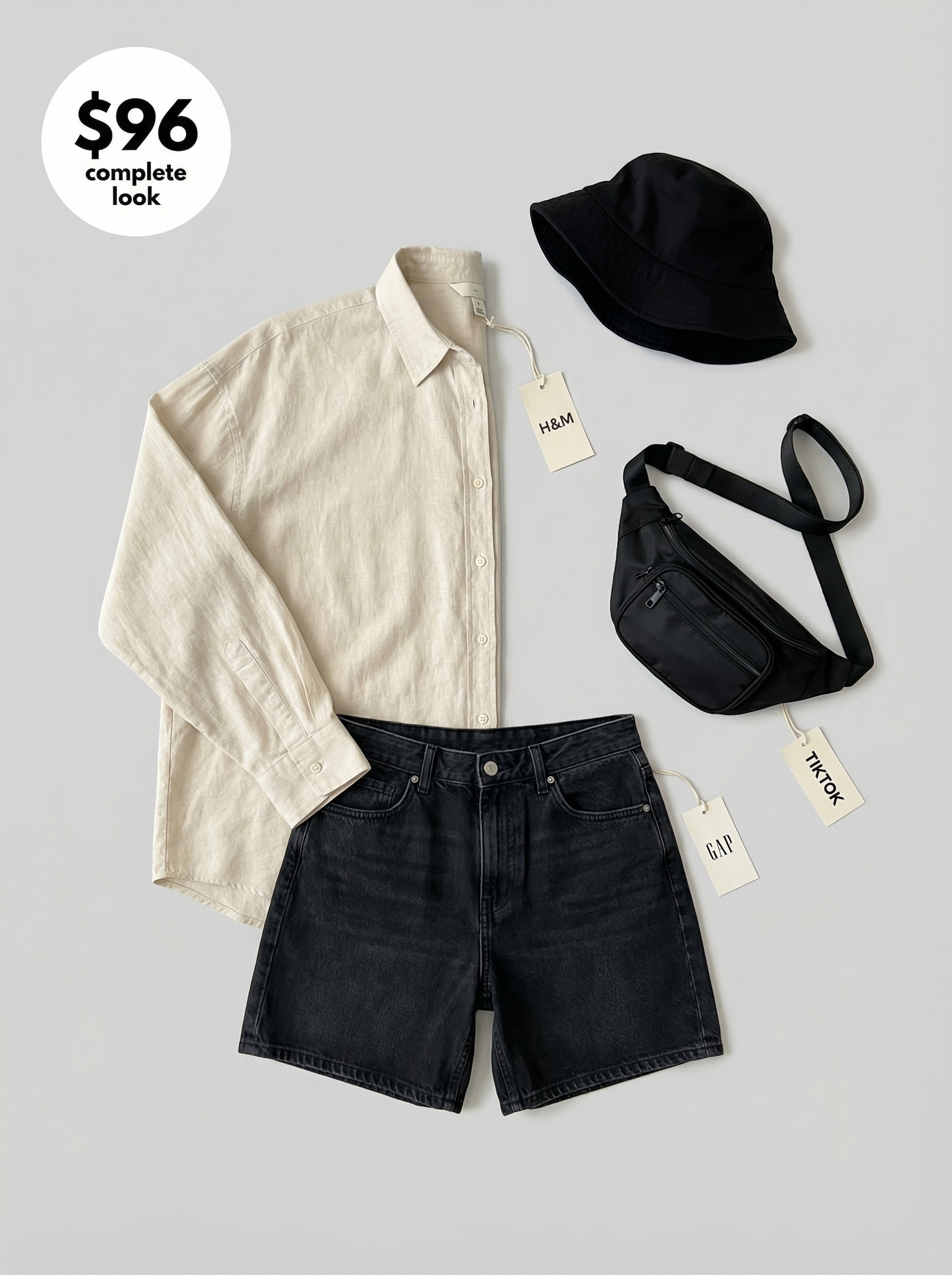 Urban Edge: Summer Streetwear 2024 in Linen Edgy summer streetwear outfit with an ecru oversized linen button-down shirt, washed black denim shorts, chunky platform sneakers, and a black bucket hat, for city exploration.