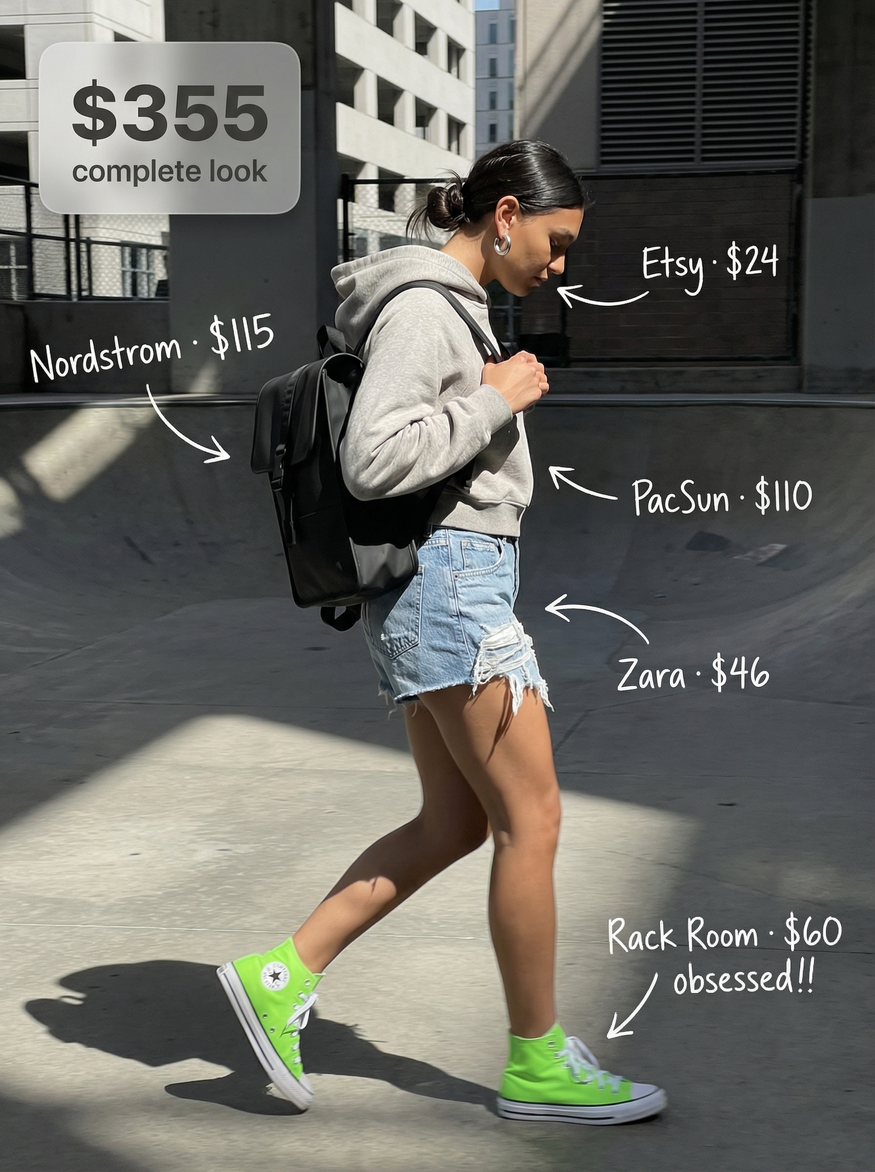 Skateboard Park Chic: Youthful Summer Streetwear 2024 Playful skateboard park chic summer streetwear with a grey cropped hoodie, distressed denim shorts, electric green high-tops, and a mini backpack, ideal for a casual hangout.