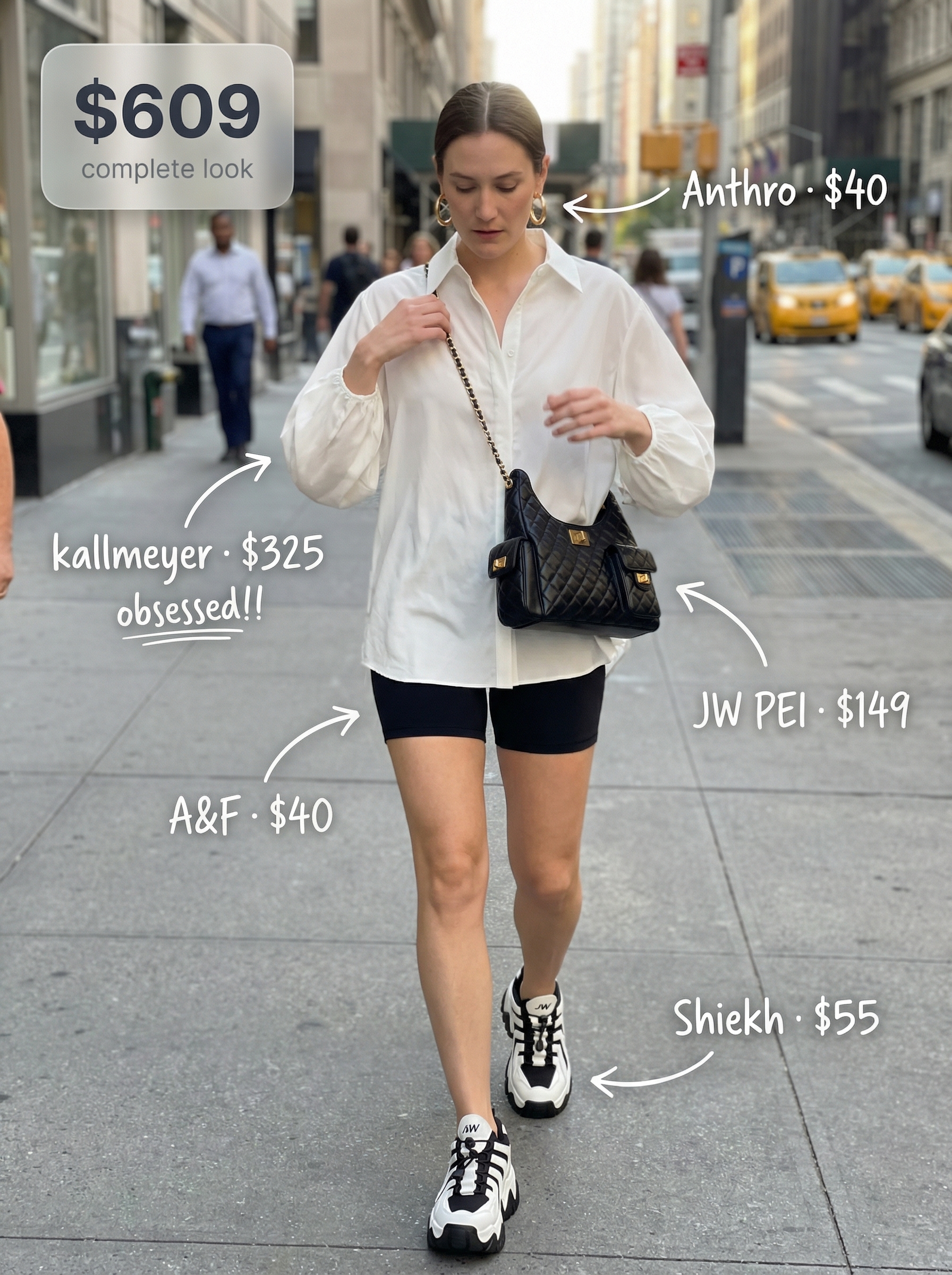 Statement Sleeve Street: Bold Summer Streetwear 2024 A bold statement sleeve summer streetwear outfit with an oversized white puff-sleeve shirt, black biker shorts, chunky platform sneakers, a quilted shoulder bag, and gold hoops for a fashion event.