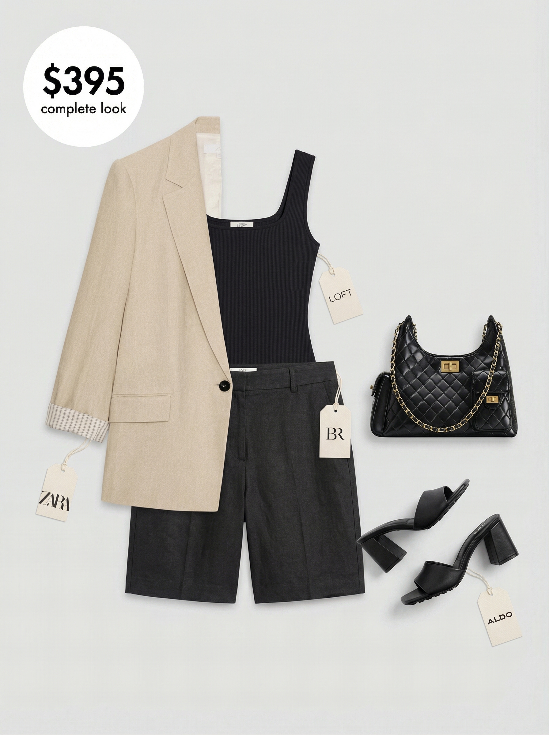 Street Smart Blazer: Sophisticated Summer Streetwear 2024 Sophisticated black and beige summer streetwear with an oversized blazer, tailored shorts, a black bodysuit, heeled mules, and a vegan leather bag, perfect for a casual dinner.