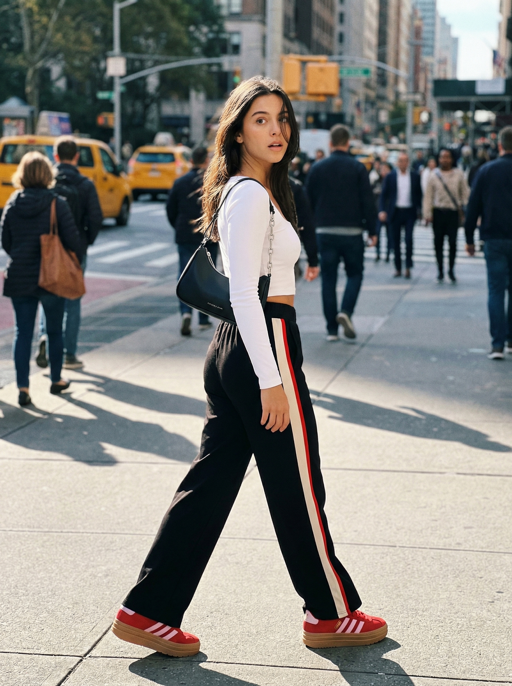 Retro Sporty Glam: Summer Streetwear 2024 Night Out Glamorous summer streetwear look with black wide-leg track pants, a white long-sleeve crop top, and white and red platform sneakers, ideal for a night out.
