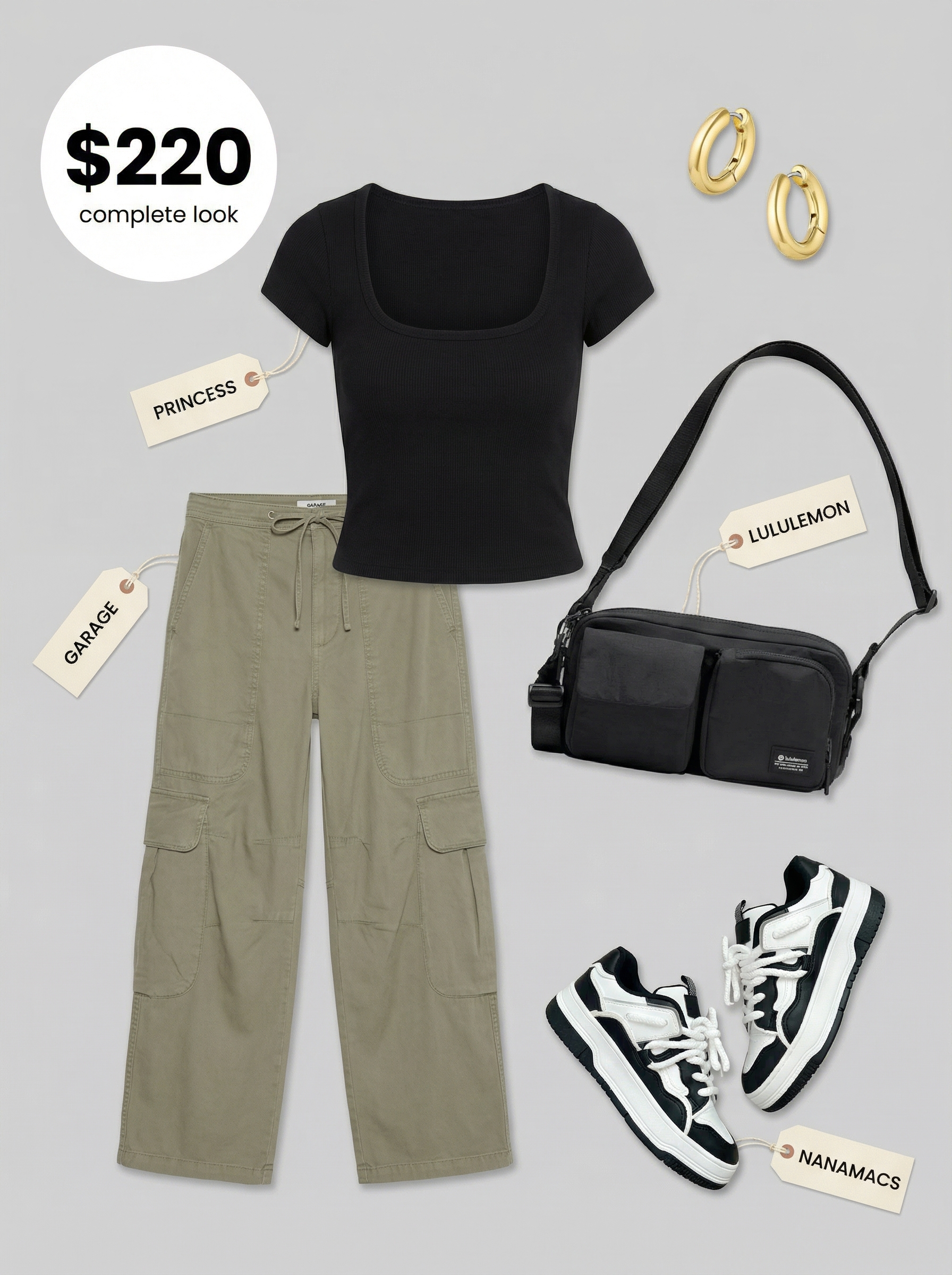 Urban Edge Summer Streetwear Style 2024 Khaki green cargo pants, black ribbed crop top, chunky platform sneakers, and nylon crossbody bag create an edgy summer streetwear look.