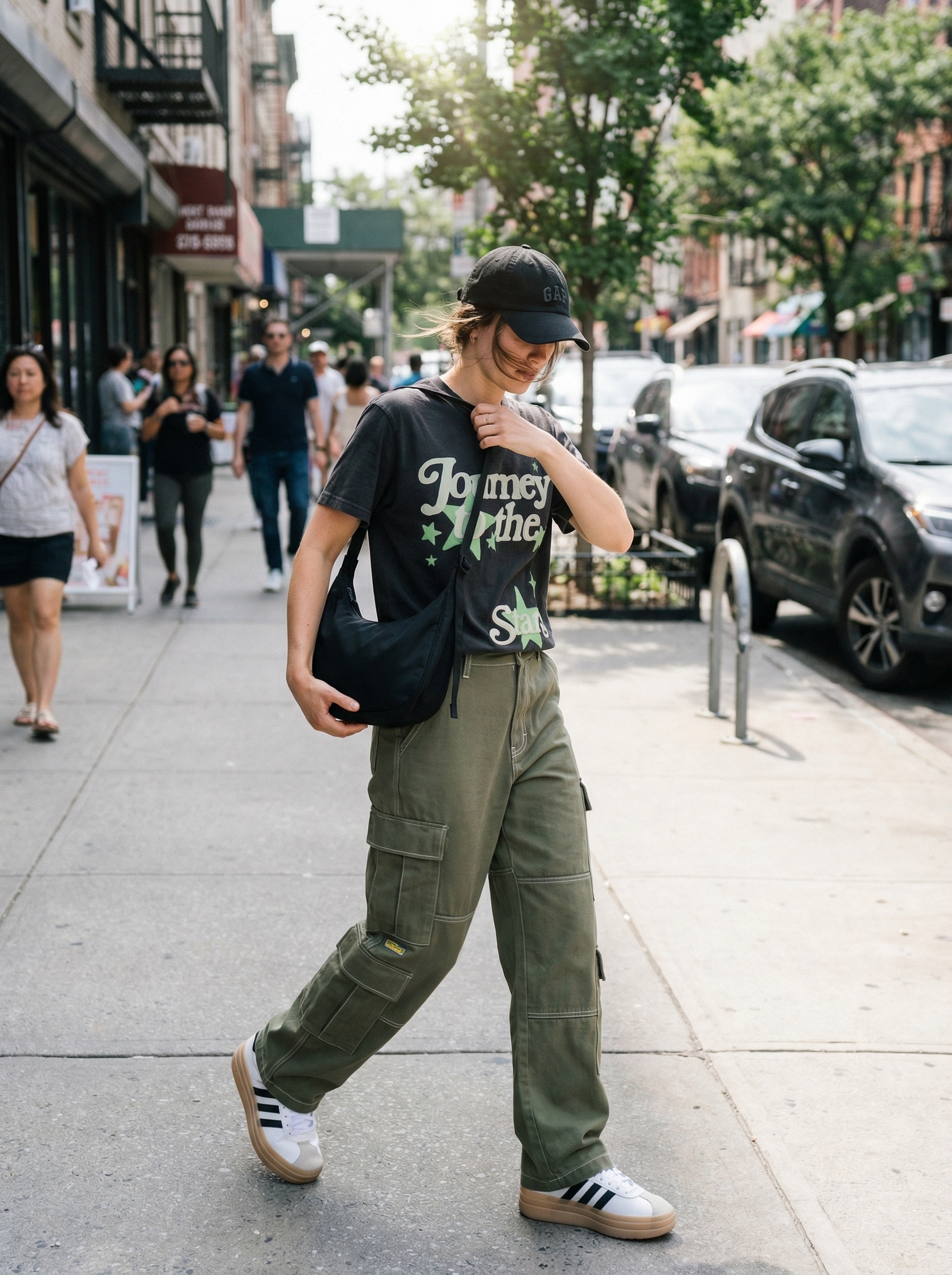 Urban Edge Goddess: Summer Streetwear 2024 An edgy summer streetwear outfit featuring a washed black graphic tee, khaki cargo pants, chunky platform sneakers, a black shoulder bag, and a baseball cap for a casual day out.
