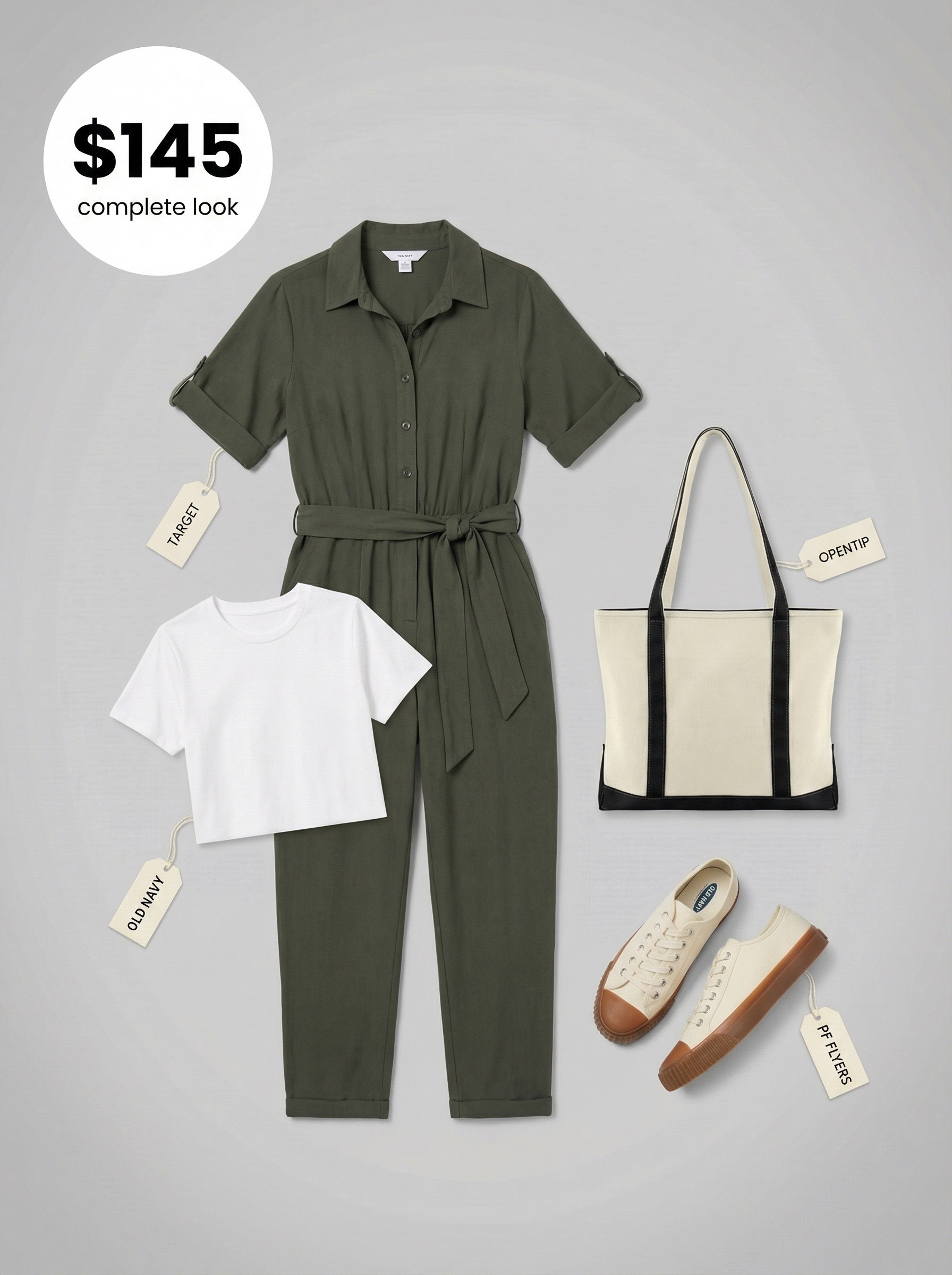 Utility Jumpsuit Chic: Practical Summer Streetwear 2024 Practical army green utility jumpsuit styled with a white t-shirt, classic canvas sneakers, and a graphic canvas tote, demonstrating comfortable summer streetwear.