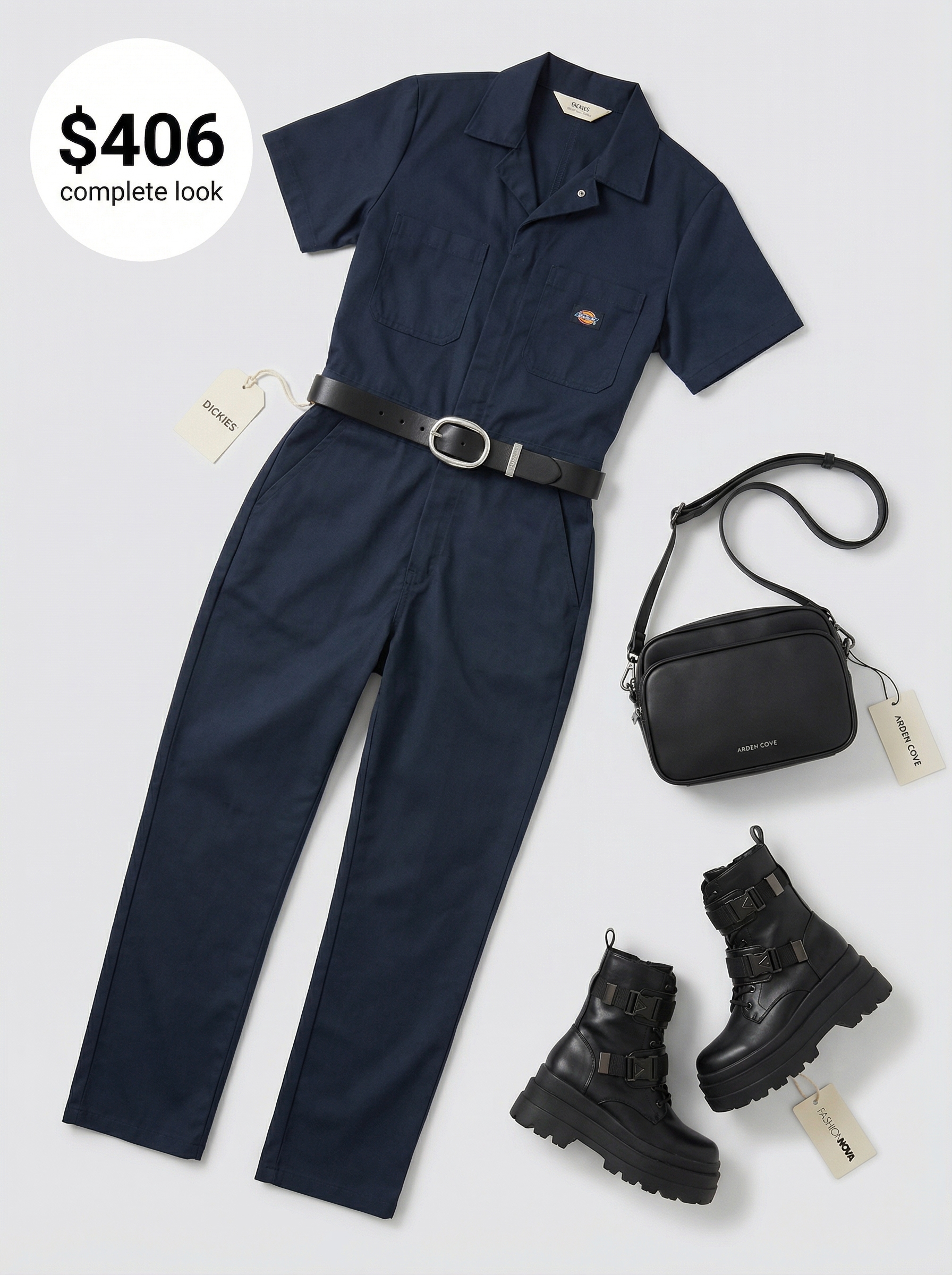 Utility Jumpsuit Swagger: Summer Streetwear 2024 Confident summer streetwear outfit showcasing a navy blue short-sleeved utility jumpsuit, black platform combat boots, and a wide leather belt, for an urban adventure.