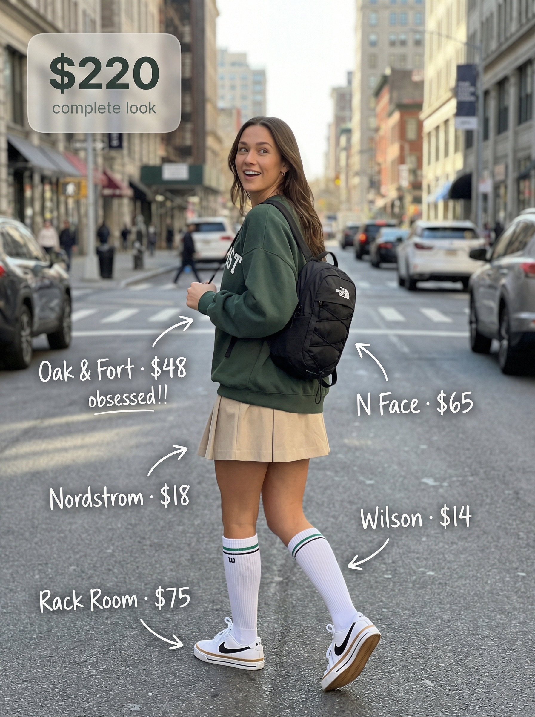 Varsity Vibe Summer Streetwear Chic 2024 Deep green oversized varsity sweatshirt, cream pleated mini skirt, white low-top sneakers, and knee-high socks for a youthful summer streetwear outfit.