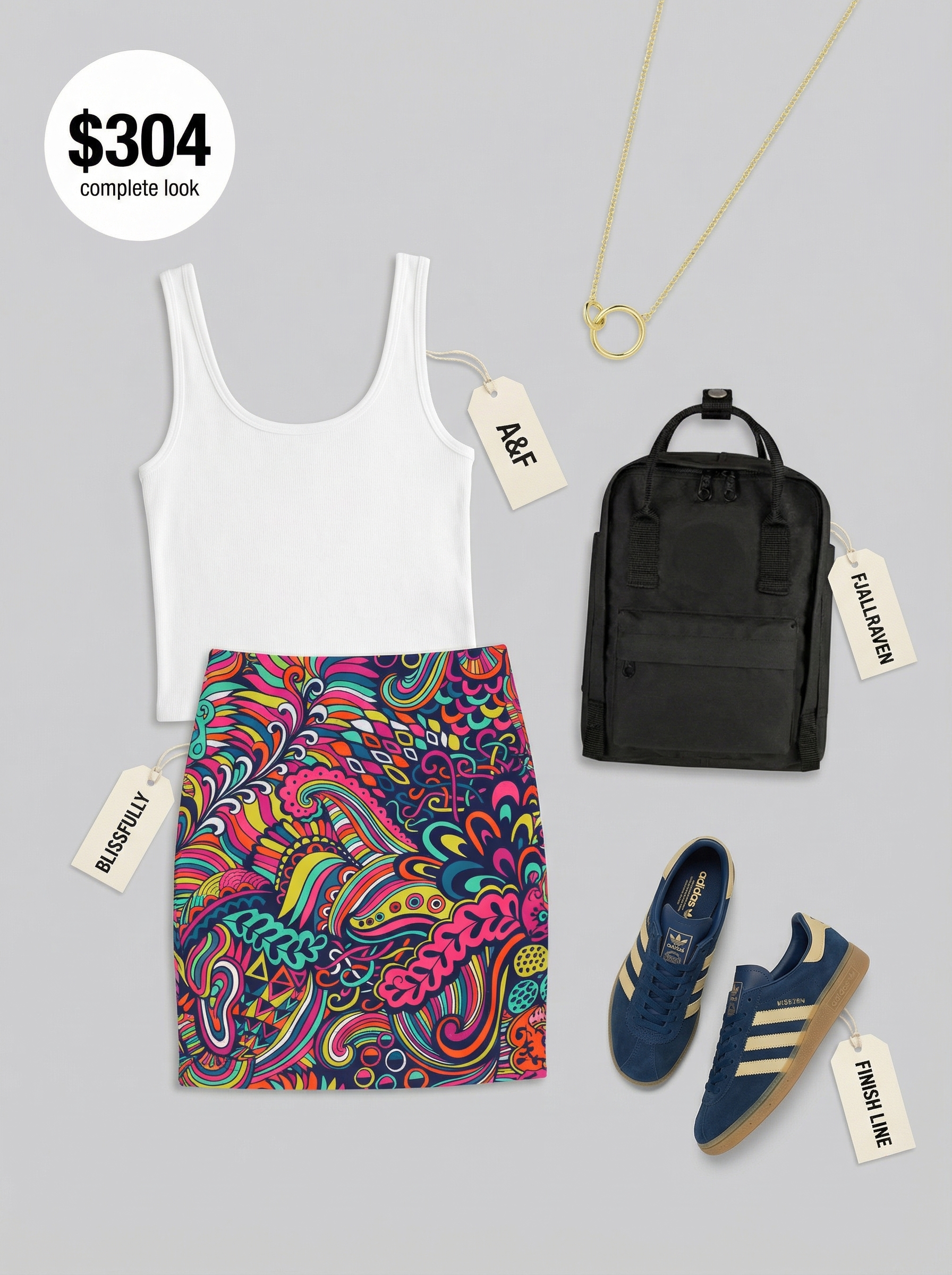 Vibrant Vintage Summer Streetwear 2024 A-line mini skirt with a vibrant abstract print, white ribbed tank top, retro-inspired navy and white sneakers, and mini backpack, perfect for playful summer streetwear.