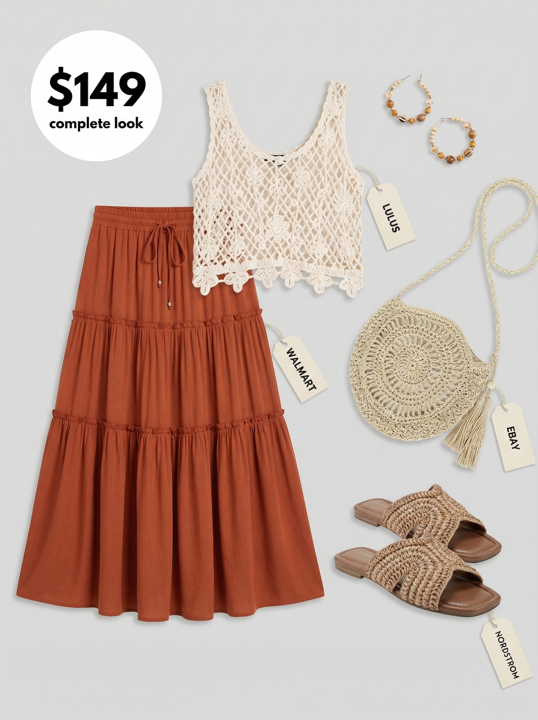 Boho summer vacation outfit featuring a terracotta tiered midi skirt, cream crochet camisole, raffia slides, and a straw crossbody bag.