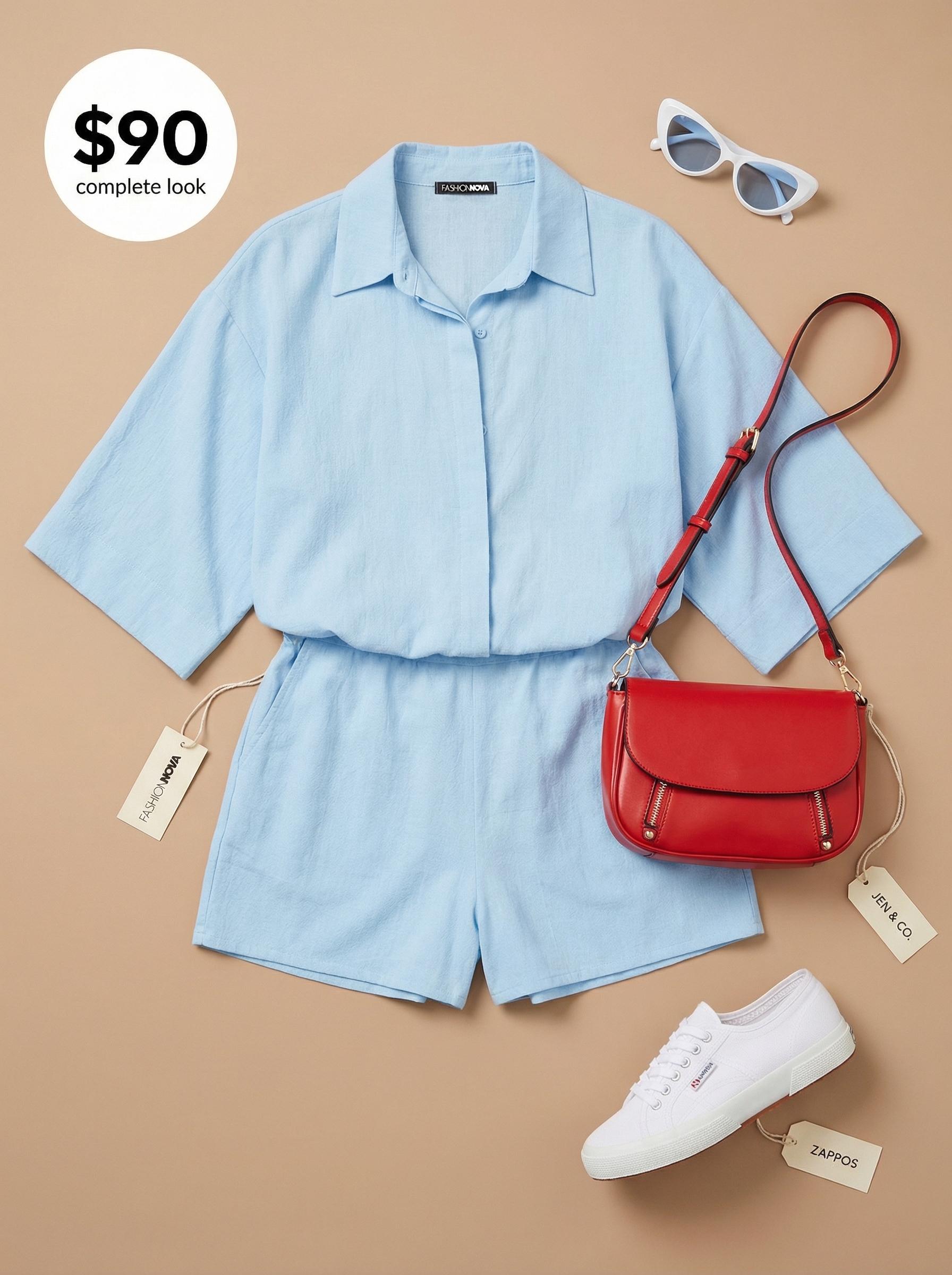 Playful summer vacation outfit with a sky blue collared romper, white sneakers, red crossbody bag, and white cat-eye sunglasses for exploring.