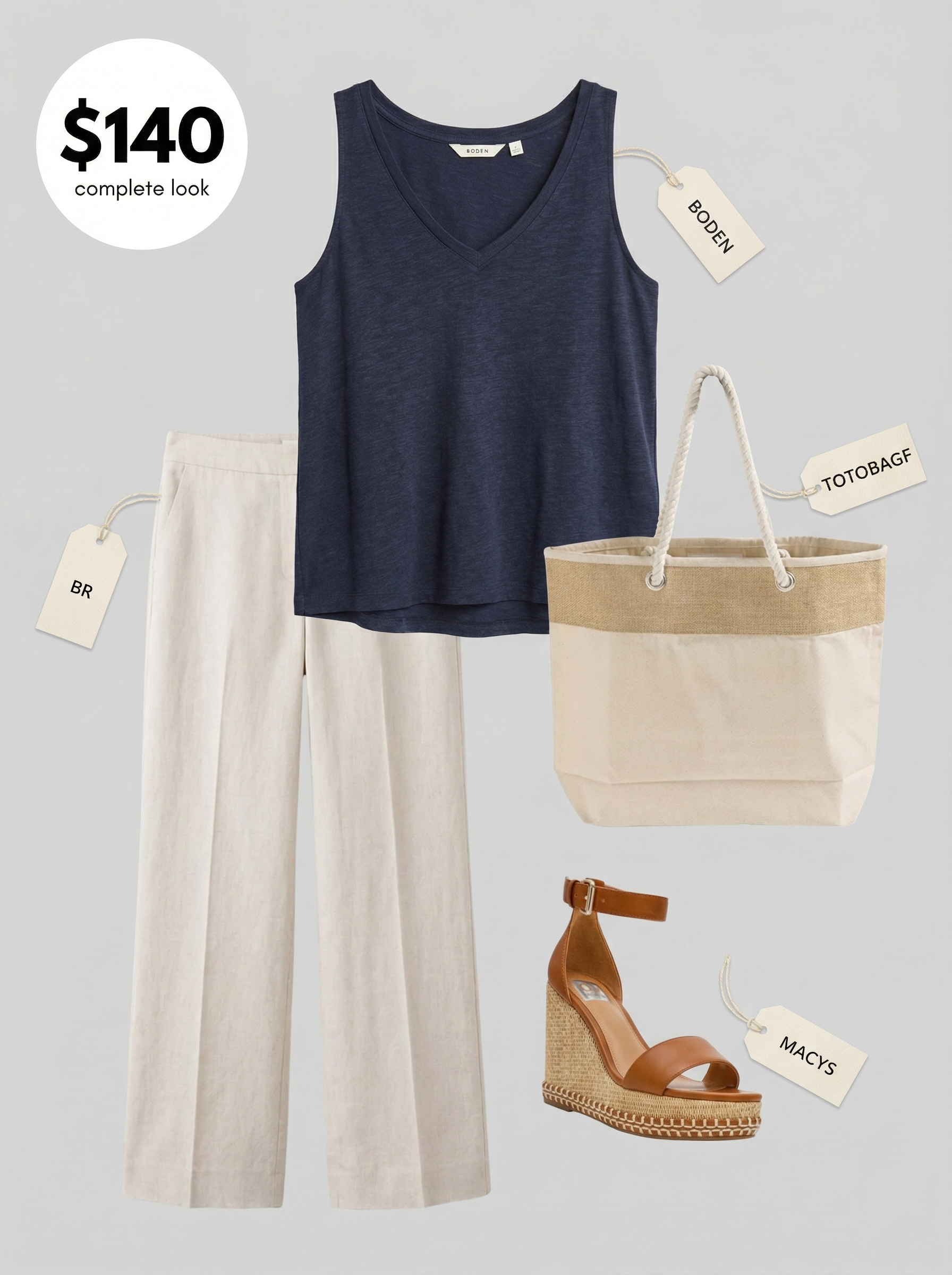 Chic summer vacation outfit featuring ecru linen wide-leg pants, a navy knit tank, and tan espadrille wedges, perfect for a relaxed brunch.