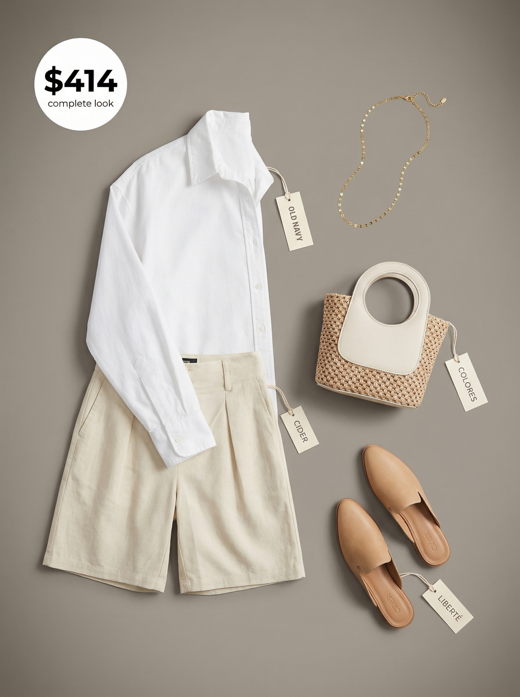 Polished summer vacation outfit with ecru tailored linen shorts, an oversized white button-down, nude slide mules, and a woven mini tote.