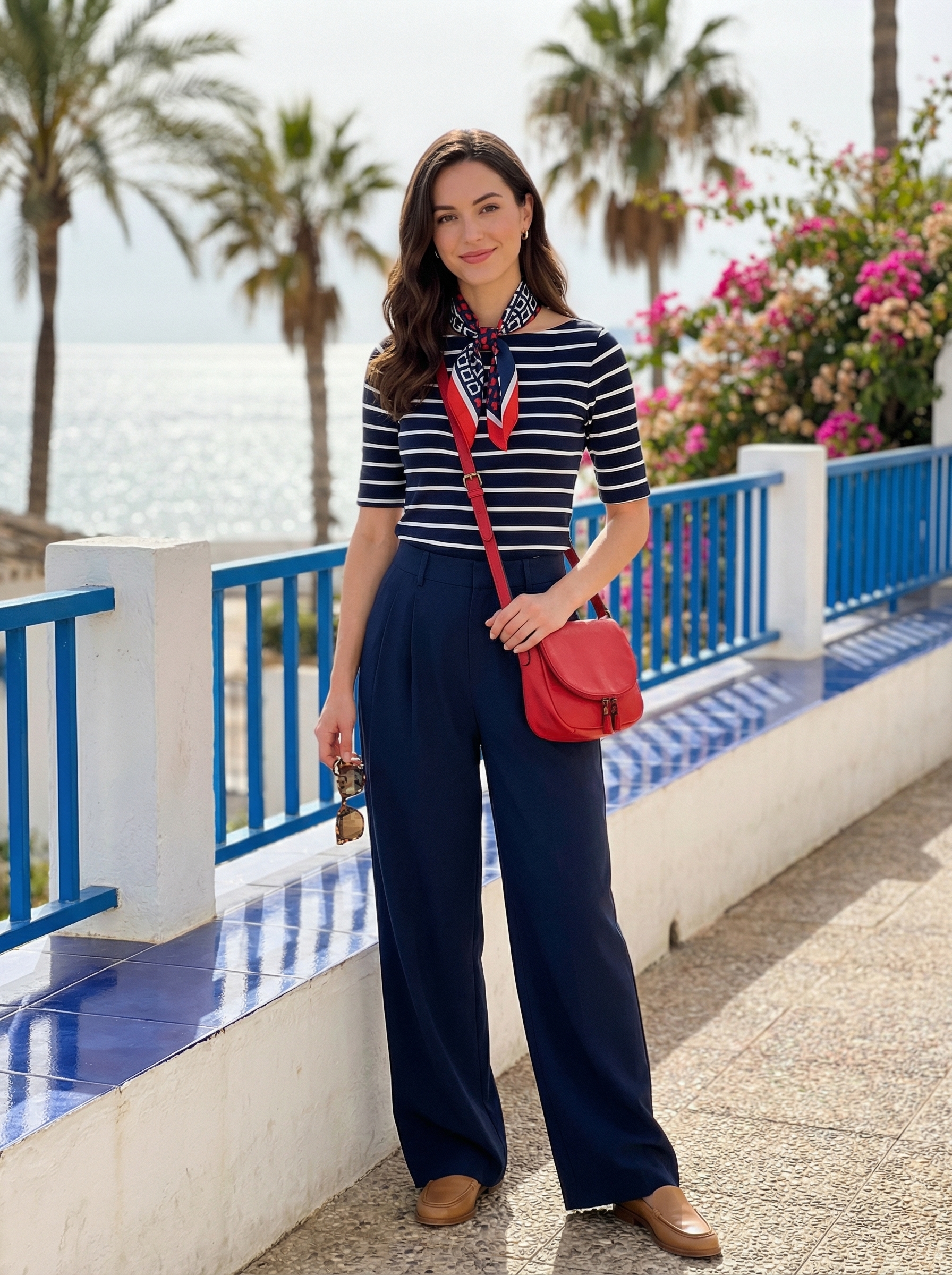 Chic summer vacation outfit with navy wide-leg trousers, a striped boat neck top, leather loafers, a red crossbody, and a silk neck scarf.