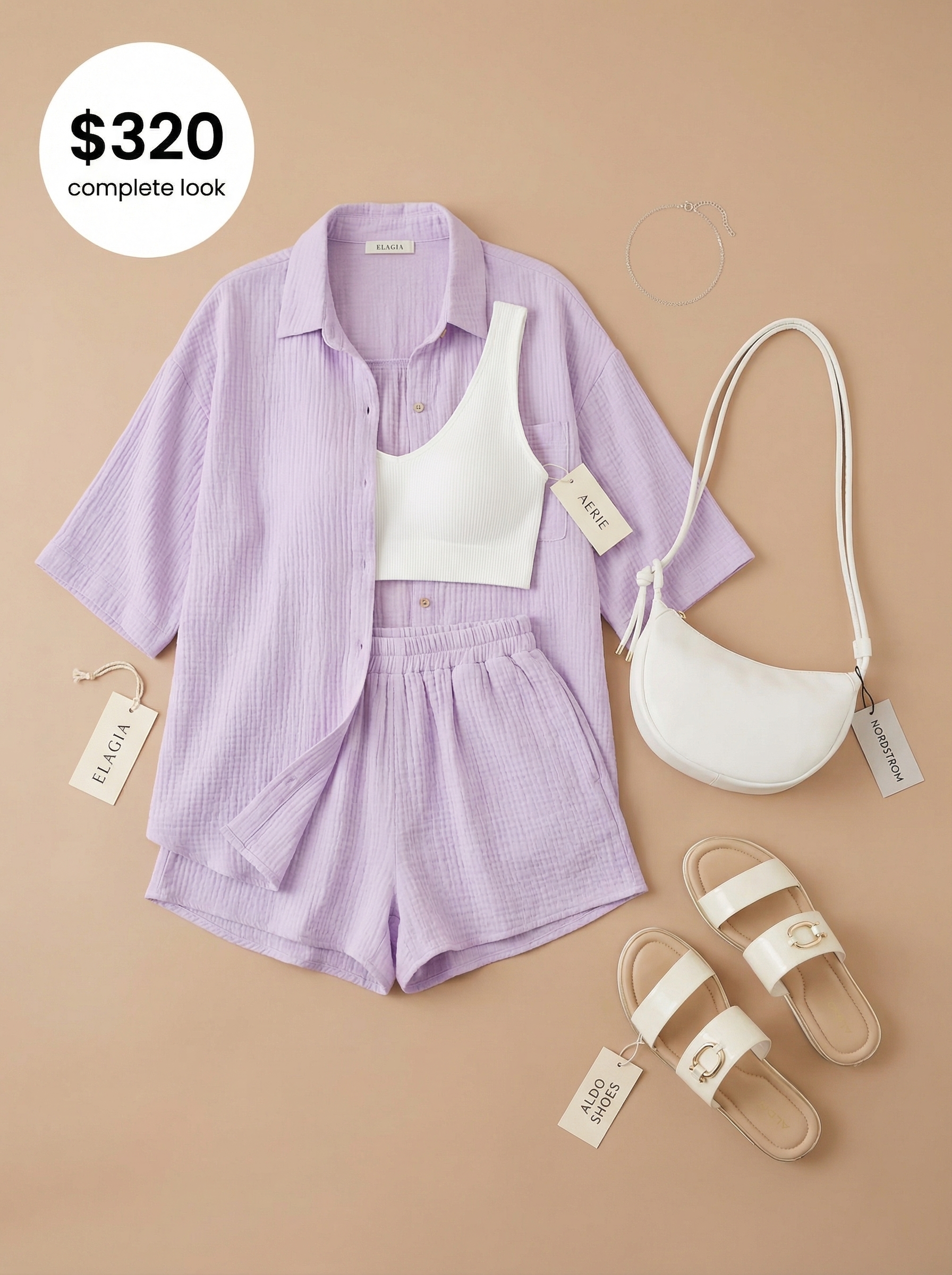 Chic summer vacation matching lavender knit shorts set, white bralette, flat slide sandals, and a silver anklet for resort lounging.