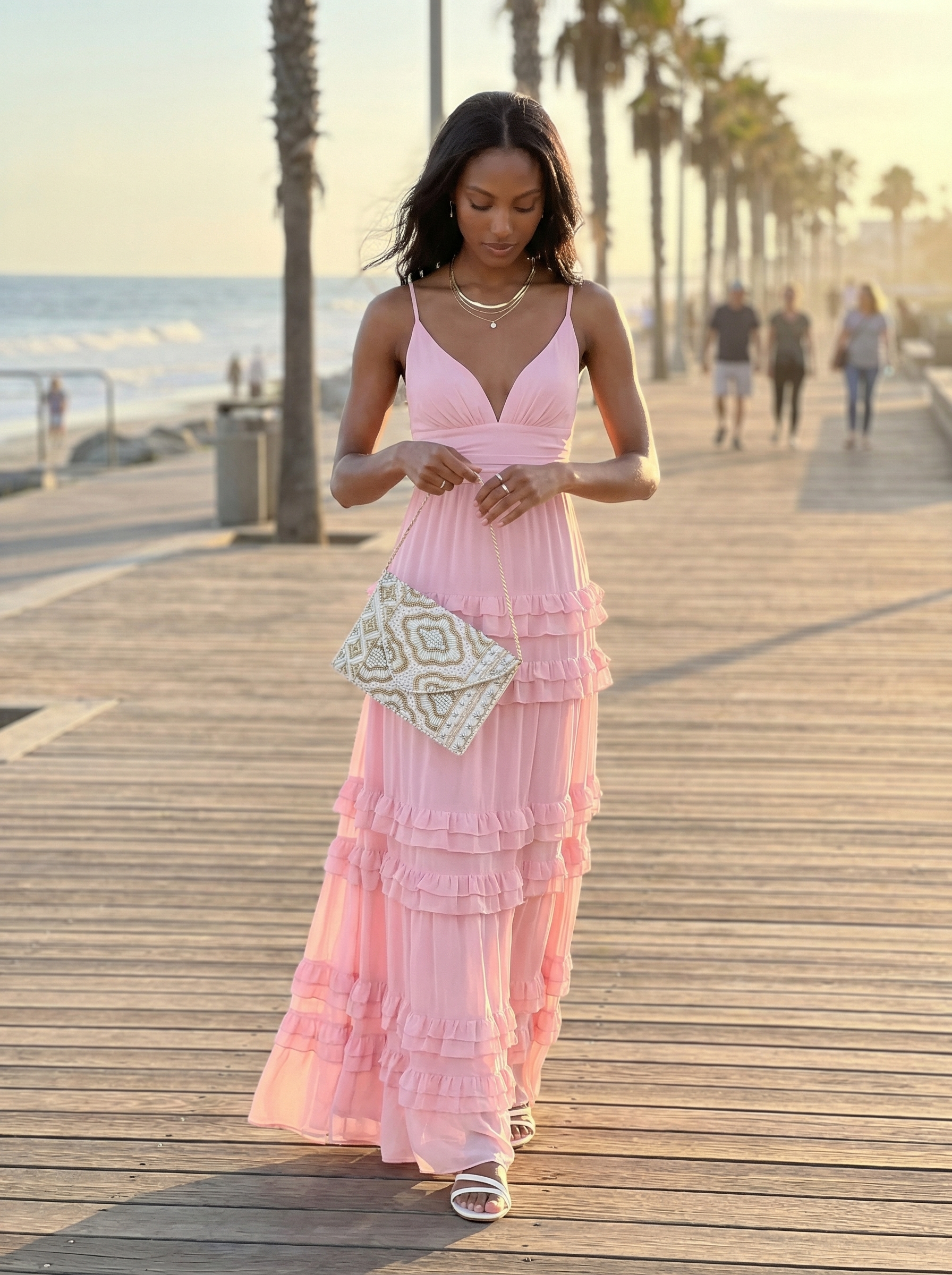 Romantic summer vacation outfit featuring a soft rose pink tiered maxi dress, cream strappy sandals, beaded clutch, and layered gold necklaces.