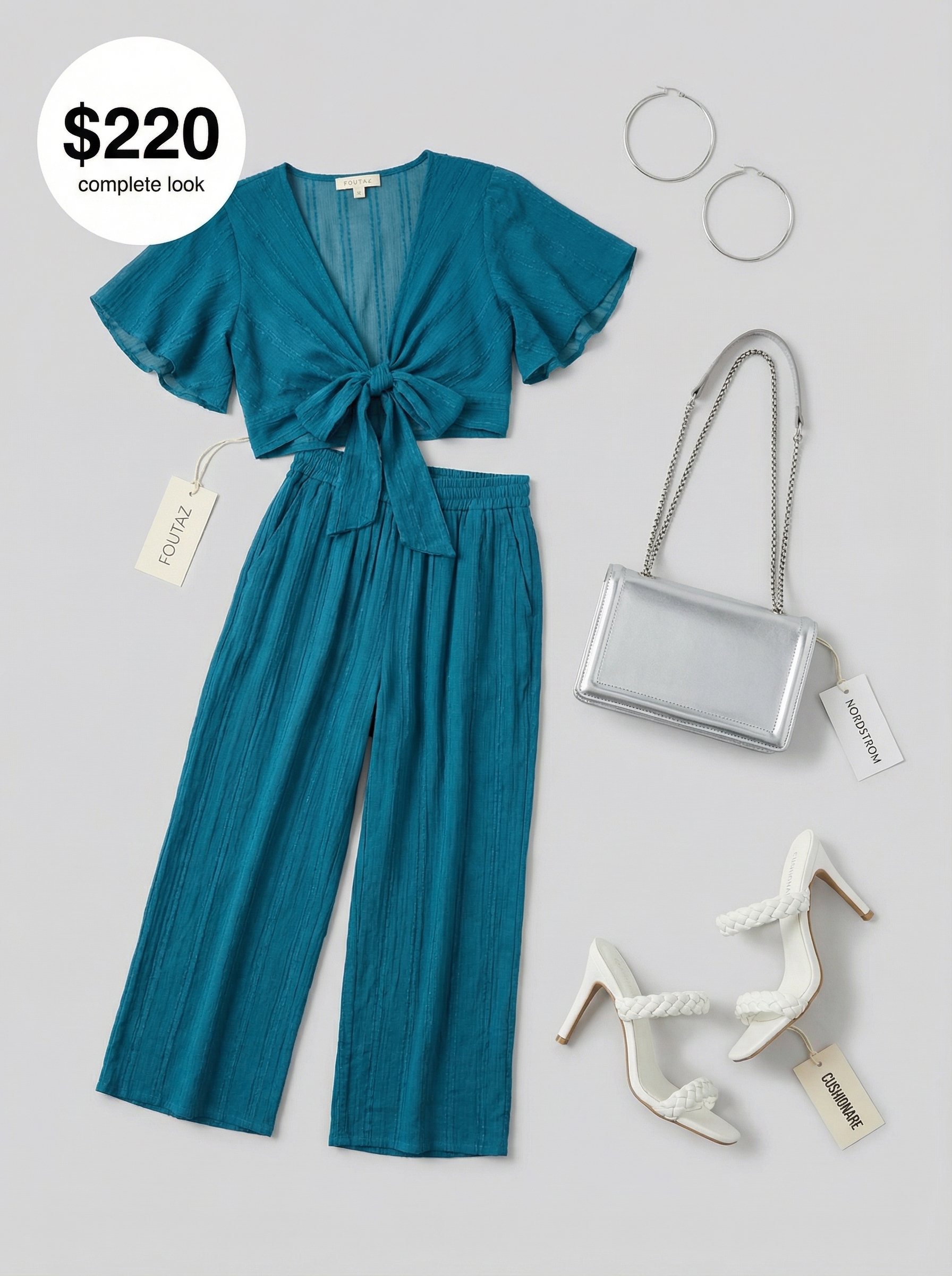 Bold summer vacation outfit with a fuchsia and teal tropical print matching set, white heeled mules, silver chain bag, and large hoop earrings.