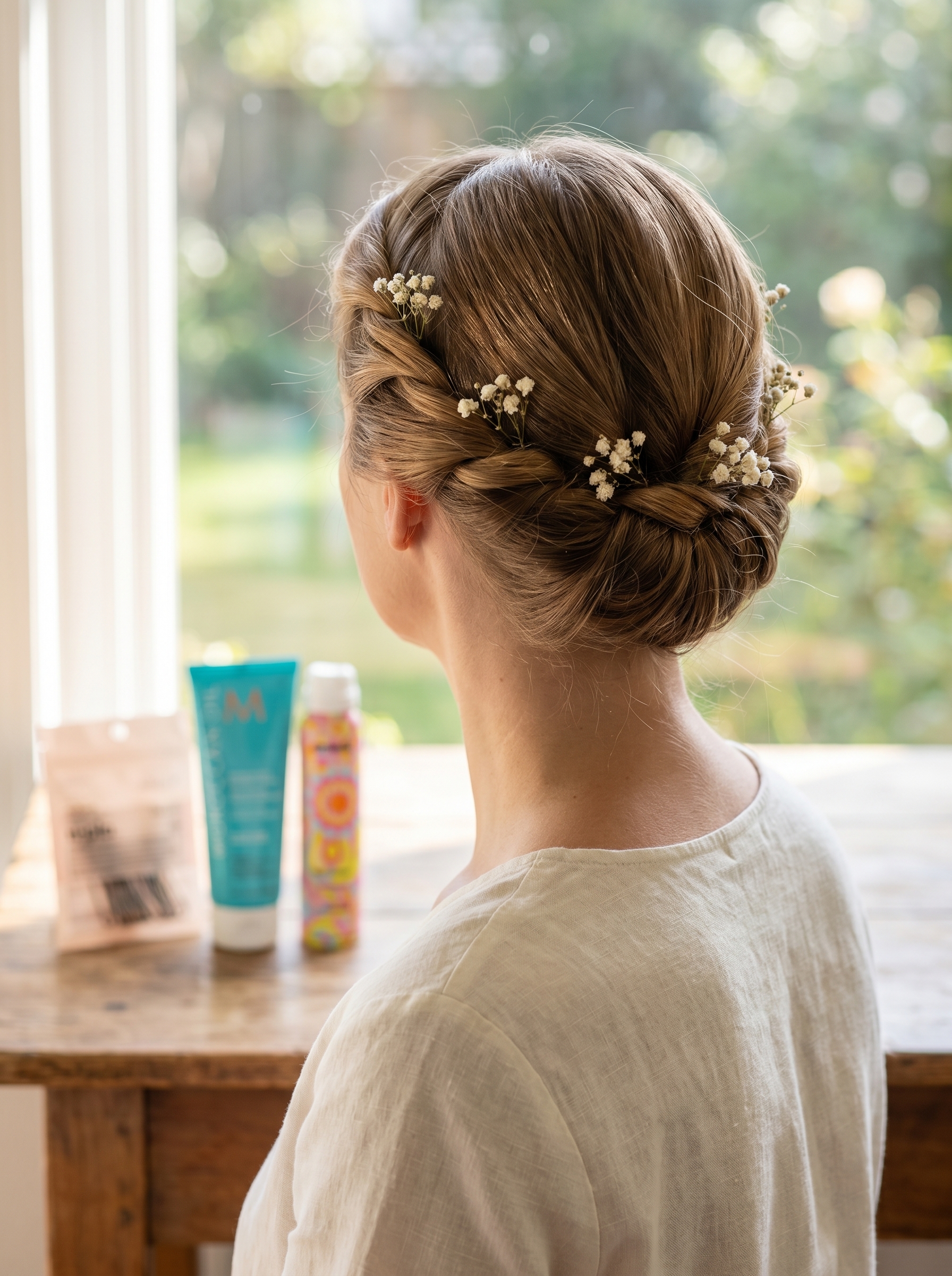 An ethereal halo twist adorned with delicate pressed flowers, creating a romantic bohemian hairstyle suitable for a summer wedding guest hair 2026.