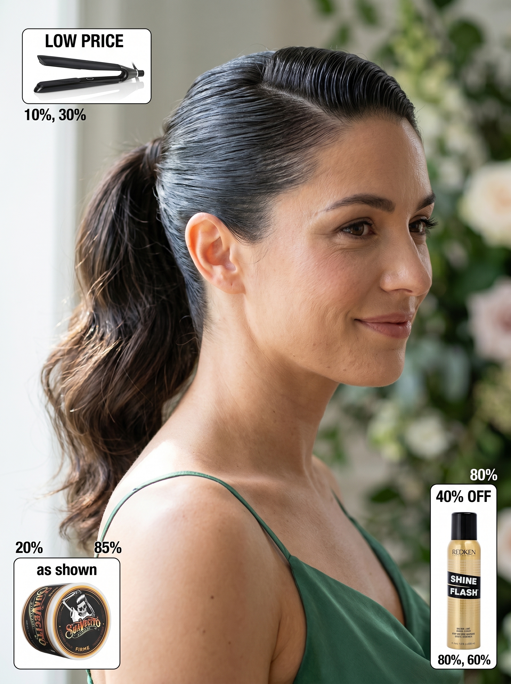 Playful retro-futurist ponytail with sleek Scandi-Slick edges, a chic and modern choice for summer wedding guest hair 2026. This style uses strong-hold pomade and a hair straightener for a flipped end.