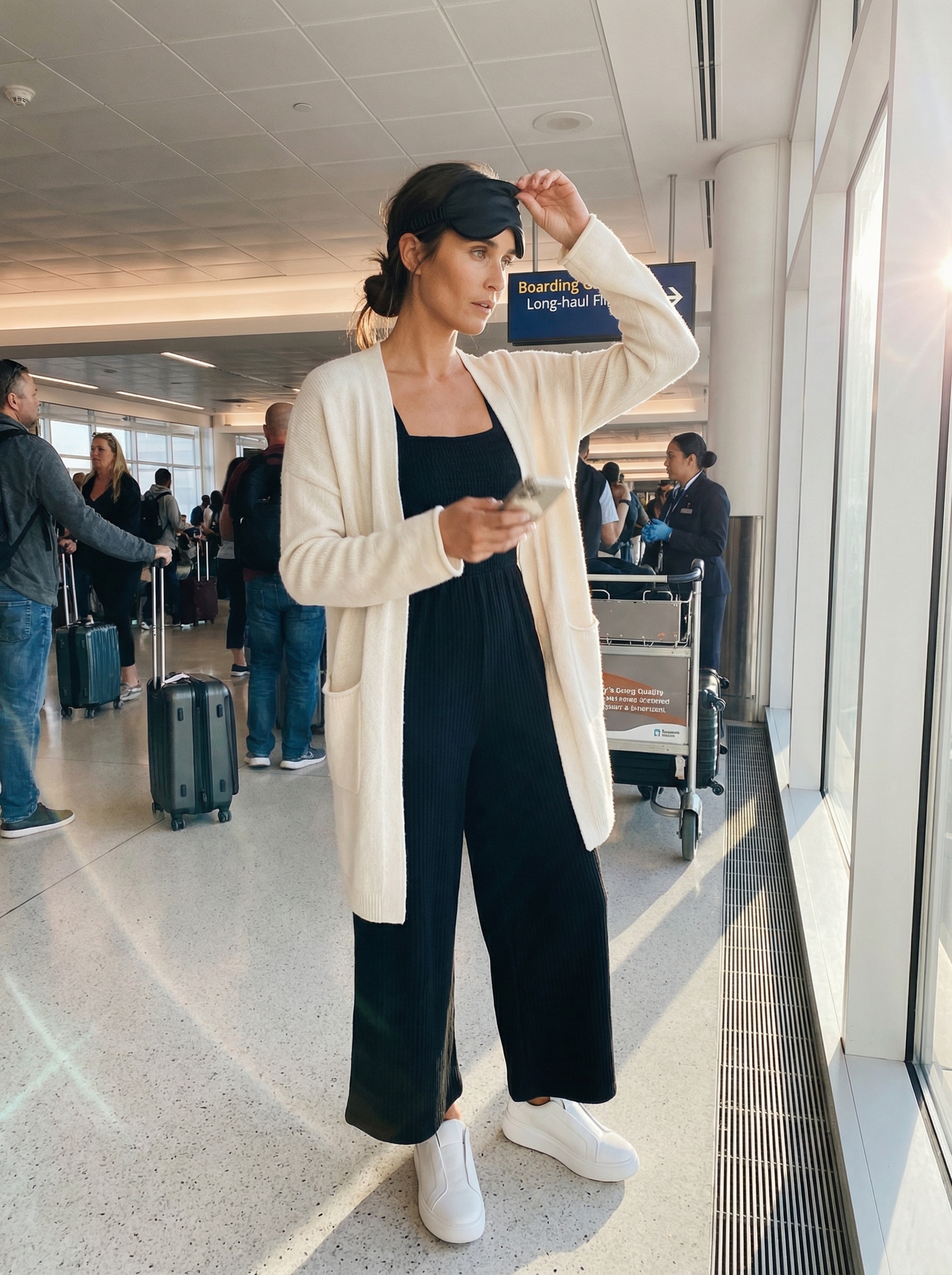 Effortless Airplane Mode Travel Outfits 2024 Comfortable and streamlined travel outfits for long-haul flights: a black knit wide-leg jumpsuit, cream cashmere blend cardigan, and slip-on sneakers.