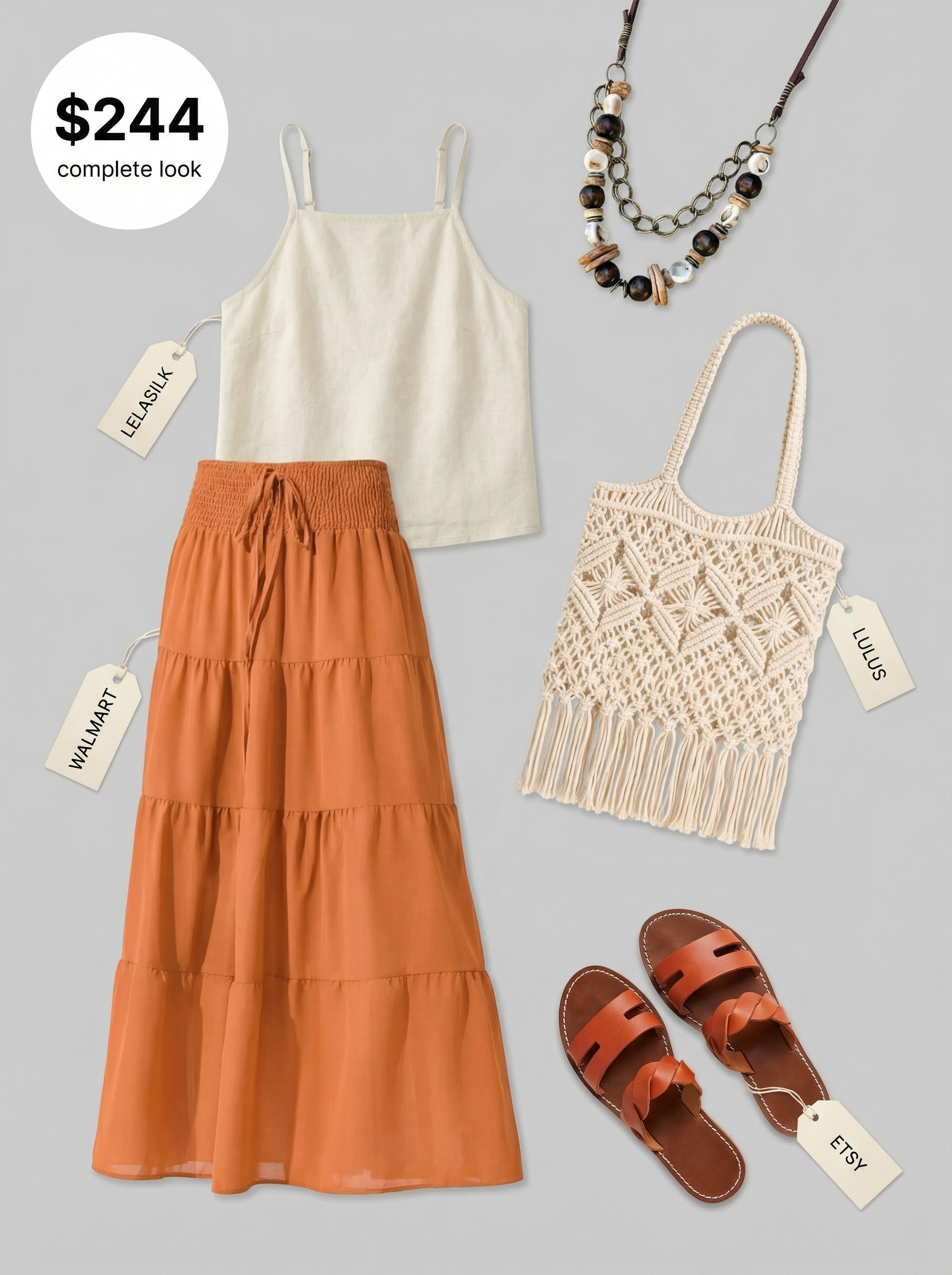 Boho Festival Travel Outfits 2024 Boho festival travel outfits featuring a rust orange tiered maxi skirt, cream camisole, terracotta flat sandals, and a macrame tote bag. Perfect for a free-spirited road trip.