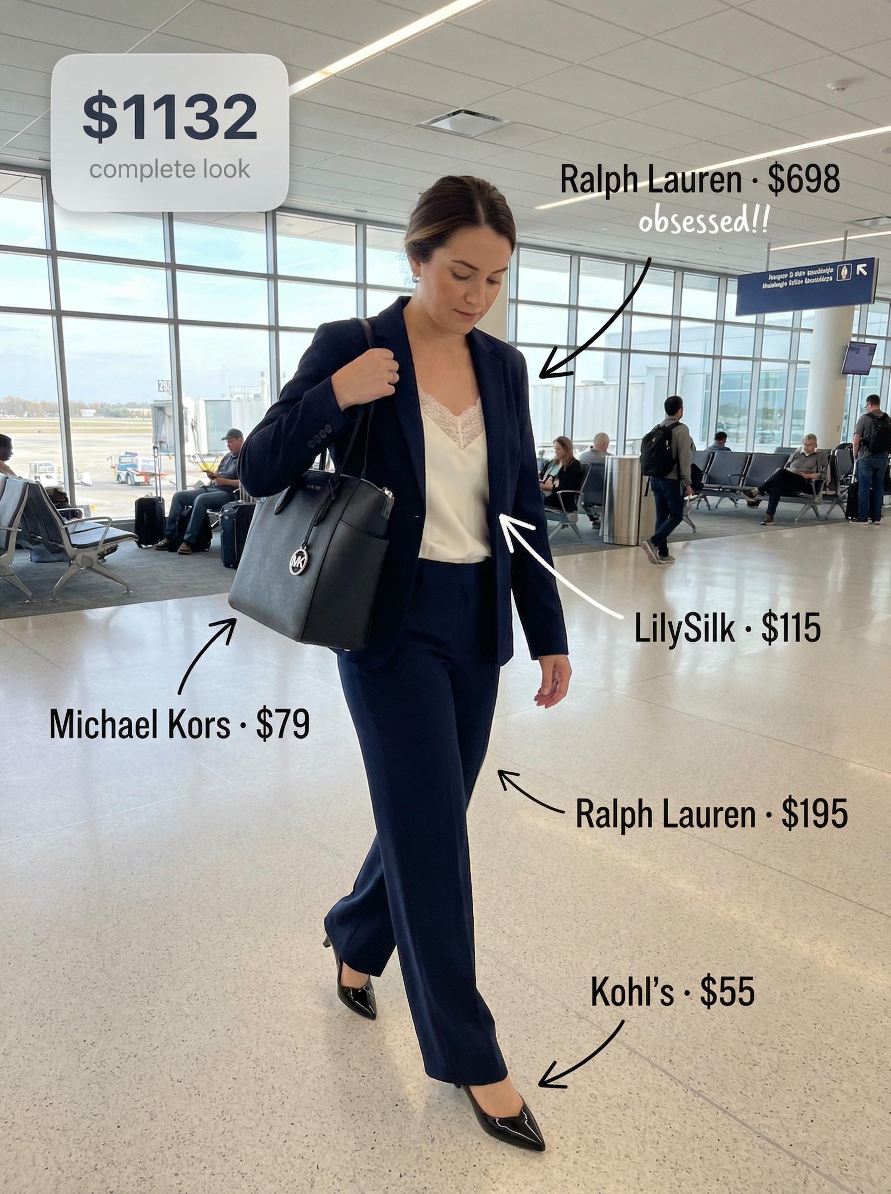 Elegant Business Trip Travel Outfits 2024 Professional business travel outfits with a navy blazer, off-white silk camisole, navy tailored trousers, black low block heel pumps, and a structured tote bag.