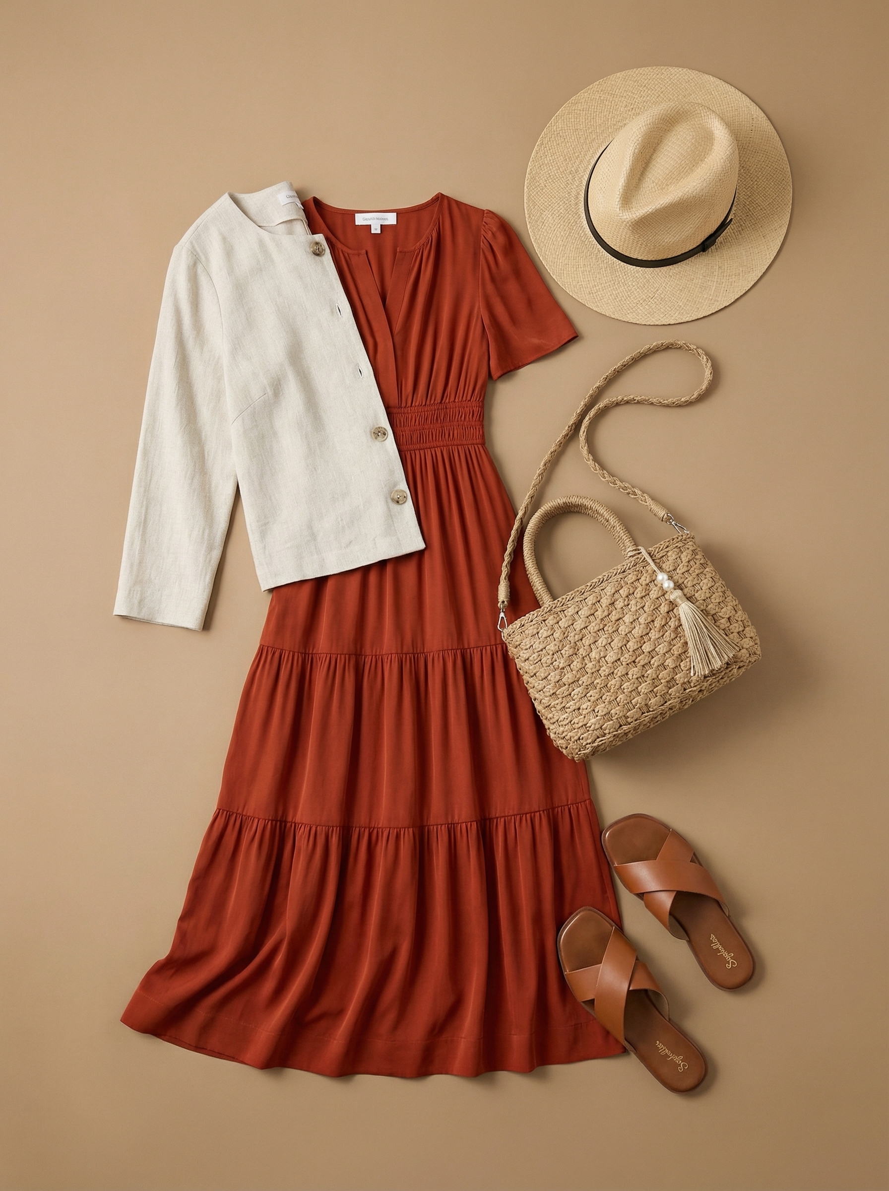 Coastal Charm Travel Outfits 2024 Relaxed resort wear travel outfits featuring a terracotta tiered maxi dress, cream linen jacket, tan slide sandals, and a wide-brimmed straw hat.