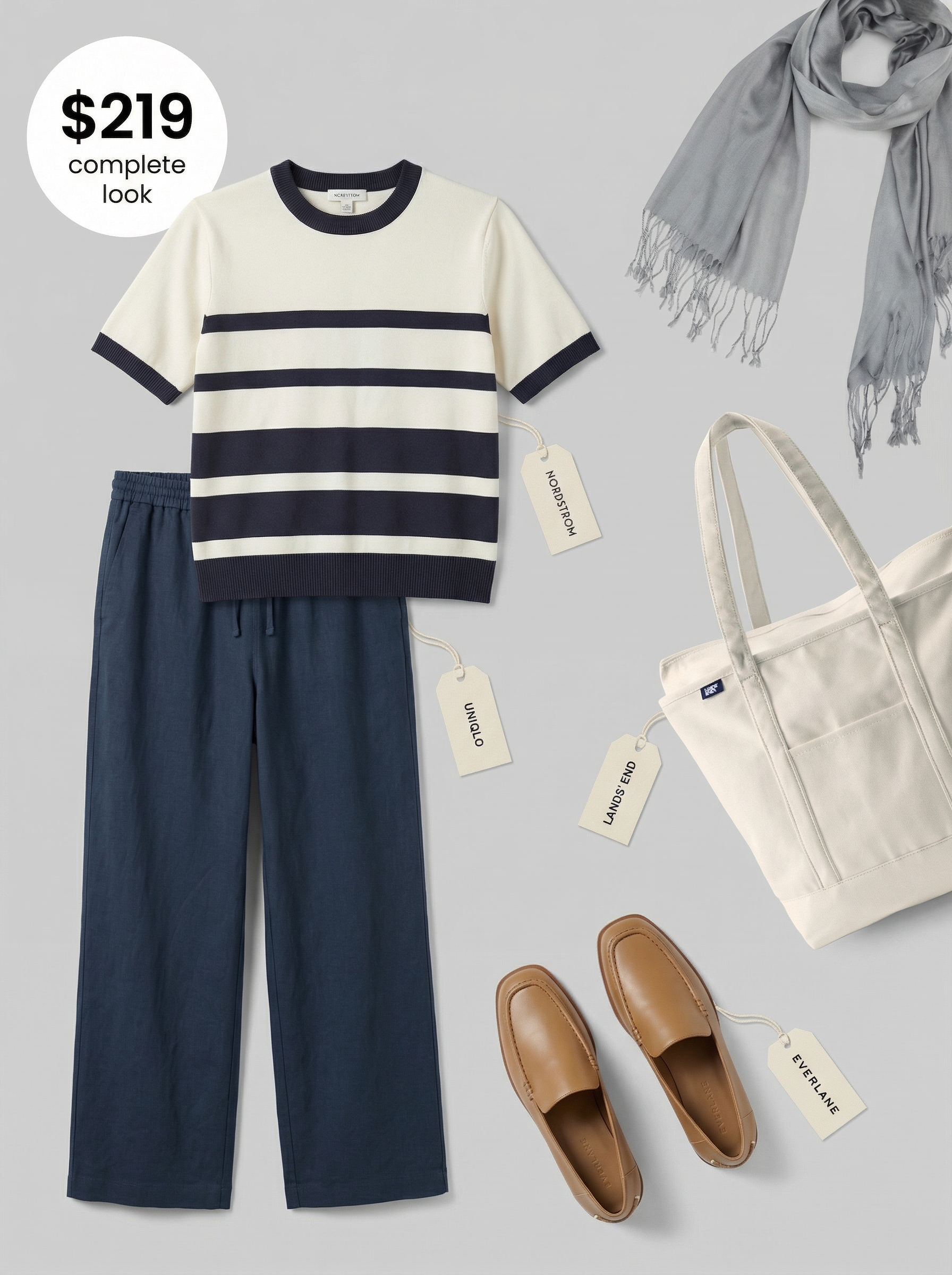 Effortless European City Travel Outfits 2024 Navy wide-leg linen trousers, cream striped top, tan loafers, and a large canvas tote for comfortable European city travel outfits.