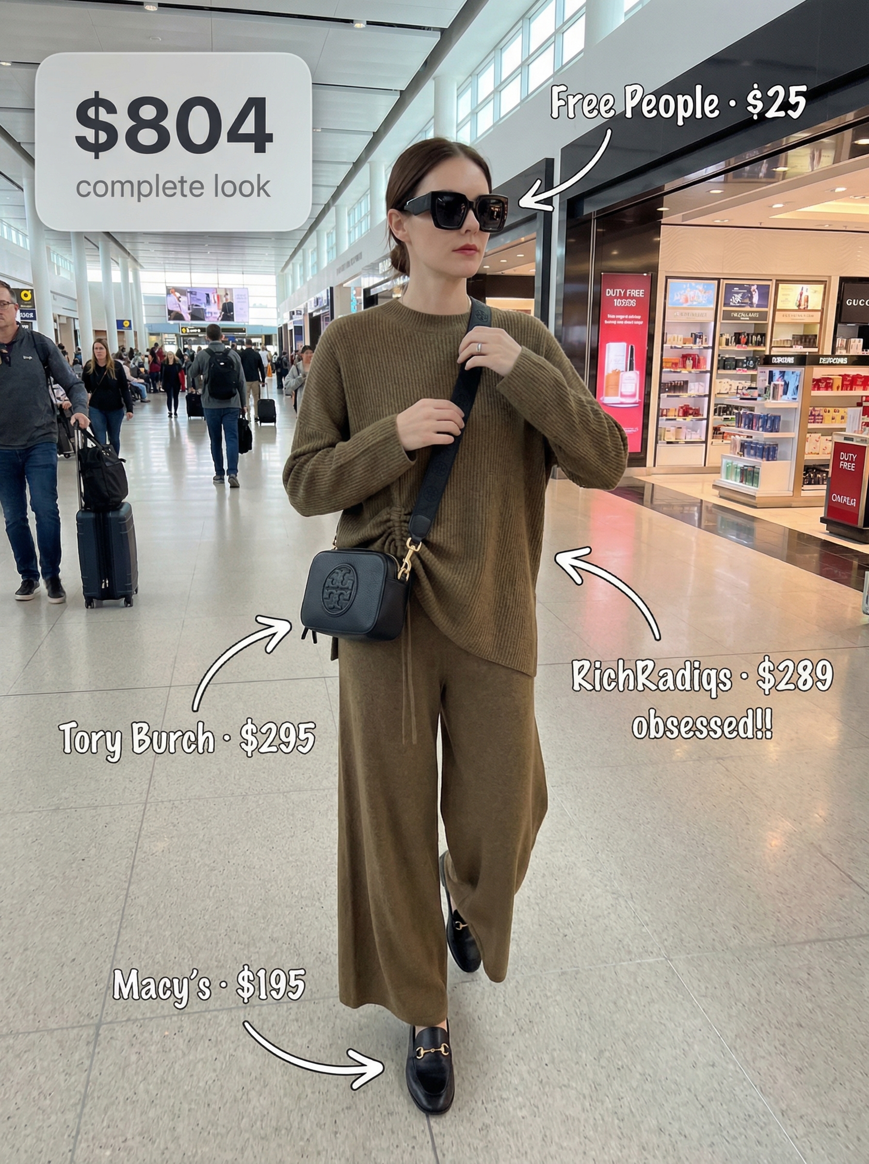 Luxe Long-Haul Travel Outfits 2024 Luxurious long-haul travel outfits: a camel knit wide-leg pant and top set, black leather loafers, a sleek crossbody bag, and oversized sunglasses.