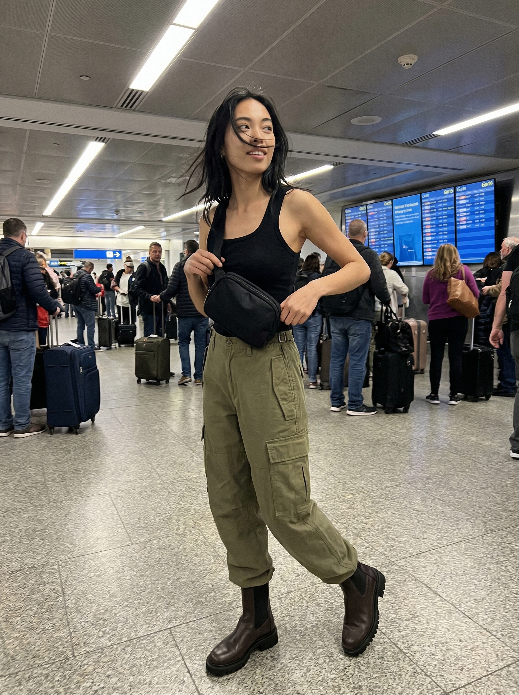 Safari Chic Explorer Travel Outfits 2024 Safari chic travel outfits featuring khaki green cargo pants, a black ribbed tank top, sturdy leather ankle boots, and a crossbody belt bag for adventure.